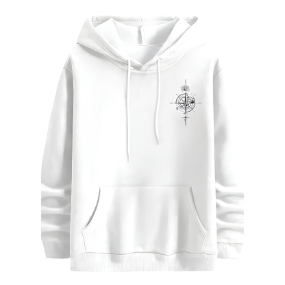 Casual Loose Fit Hoodie With Compass And Mountain Graphic Print For Men