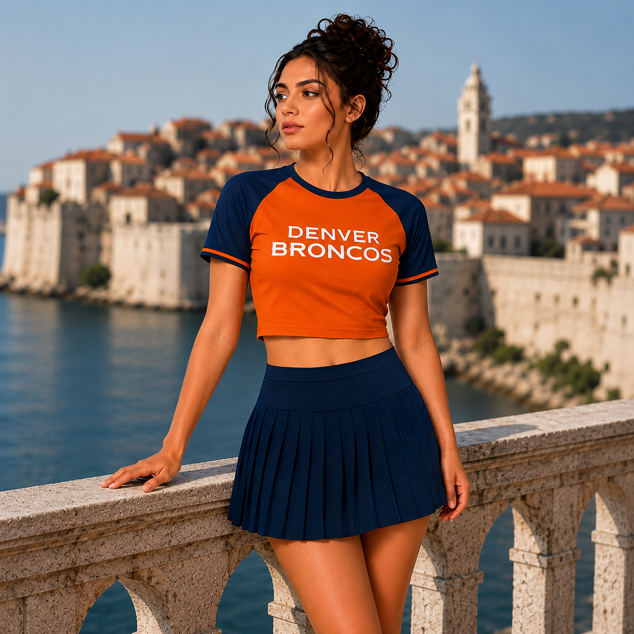 Denver Broncos Football Team Printed Two Piece Top And Skirt Set For Women