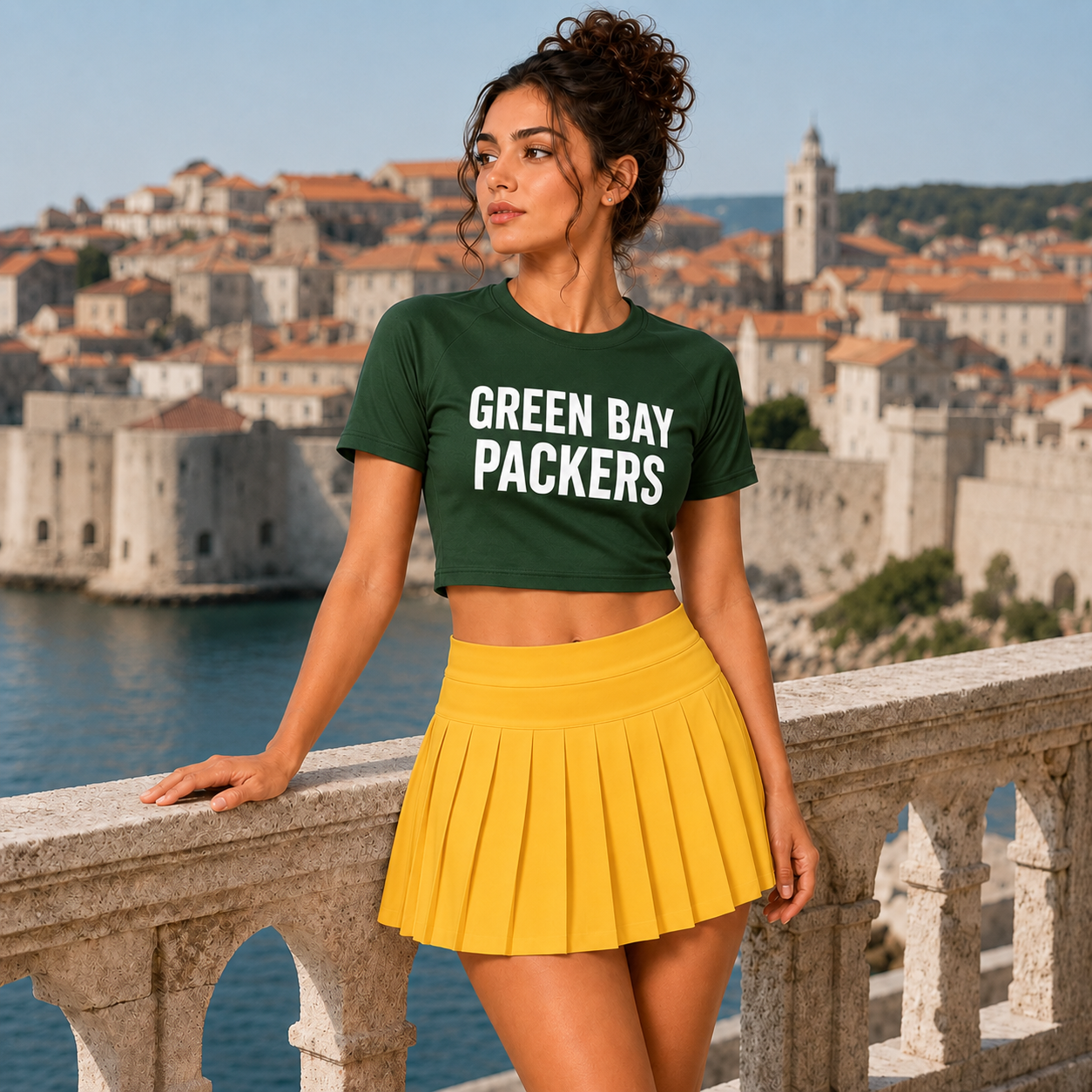 Green Bay Packers Football Team Printed Two Piece Top And Skirt Set For Women