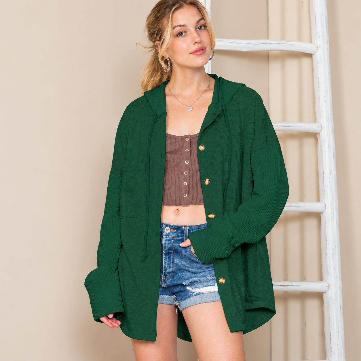 Oversized Button Front Loose Fit Casual Hooded Sweatshirt For Women