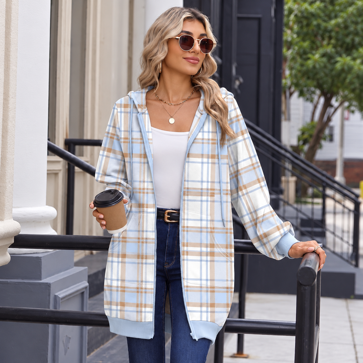 Oversized Long Sleeve Zip Up Long Tunic Hoodie With Kangaroo Pockets For Women
