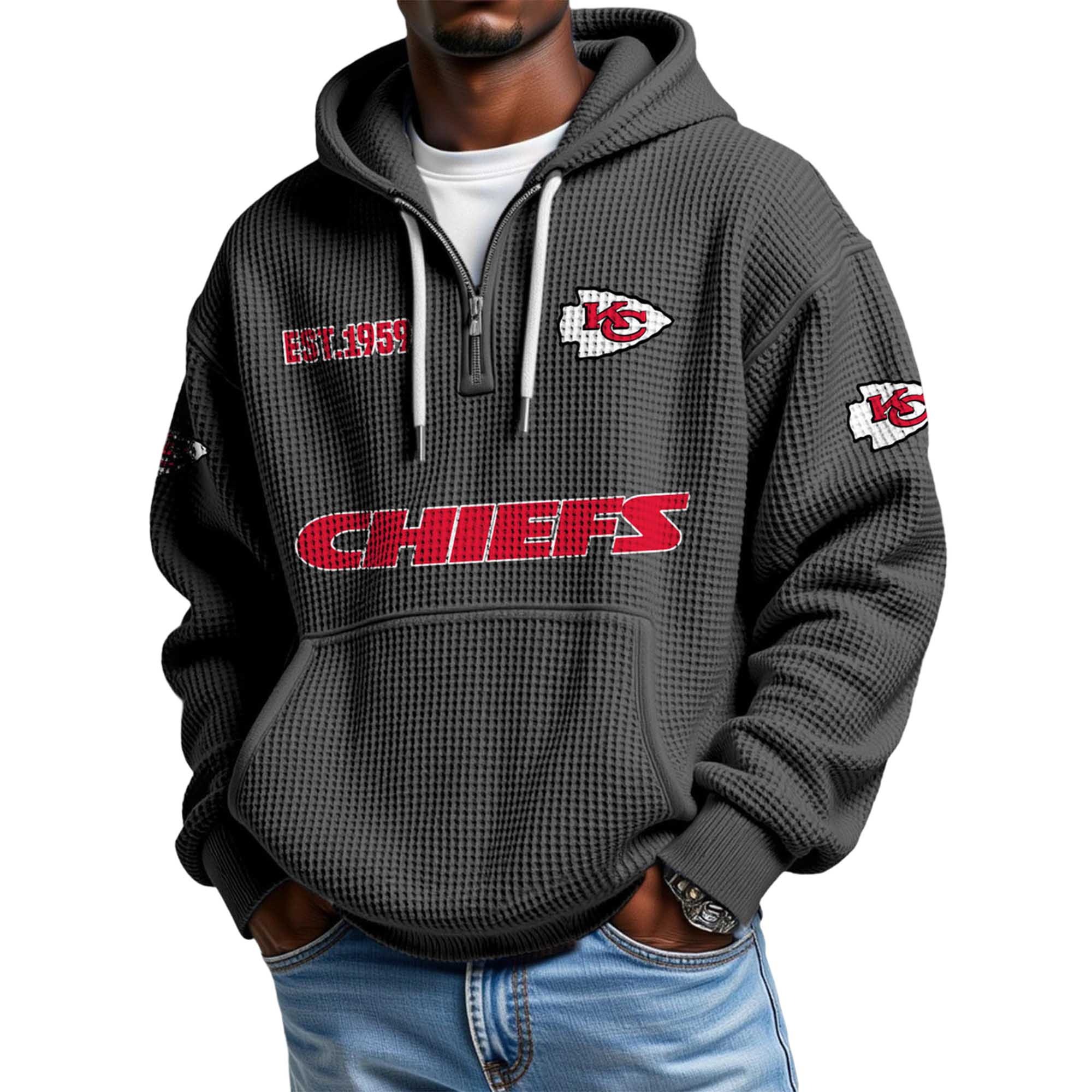 Kansas City Chiefs EST 1959 Printed Waffle Quarter Zip Football Fan Hoodie