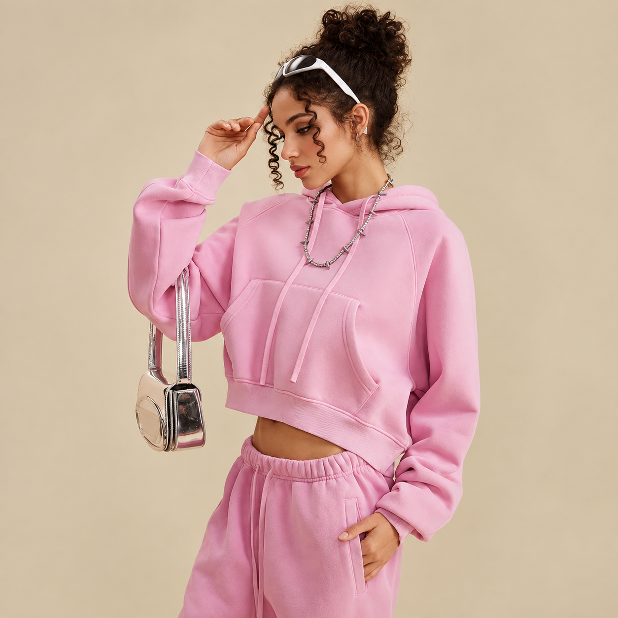 Vintage Wash Fleece Lined Cropped Pullover Hoodie For Women