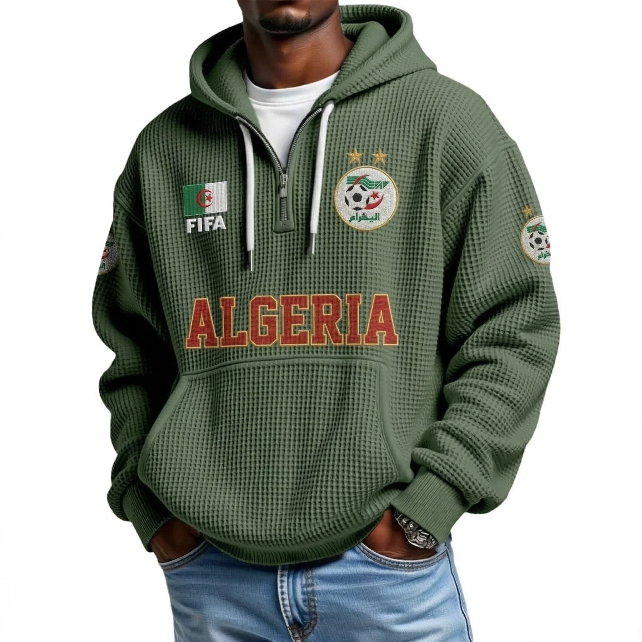 FIFA 2026 Algeria Printed Waffle Quarter Zip Football Fan Hoodie