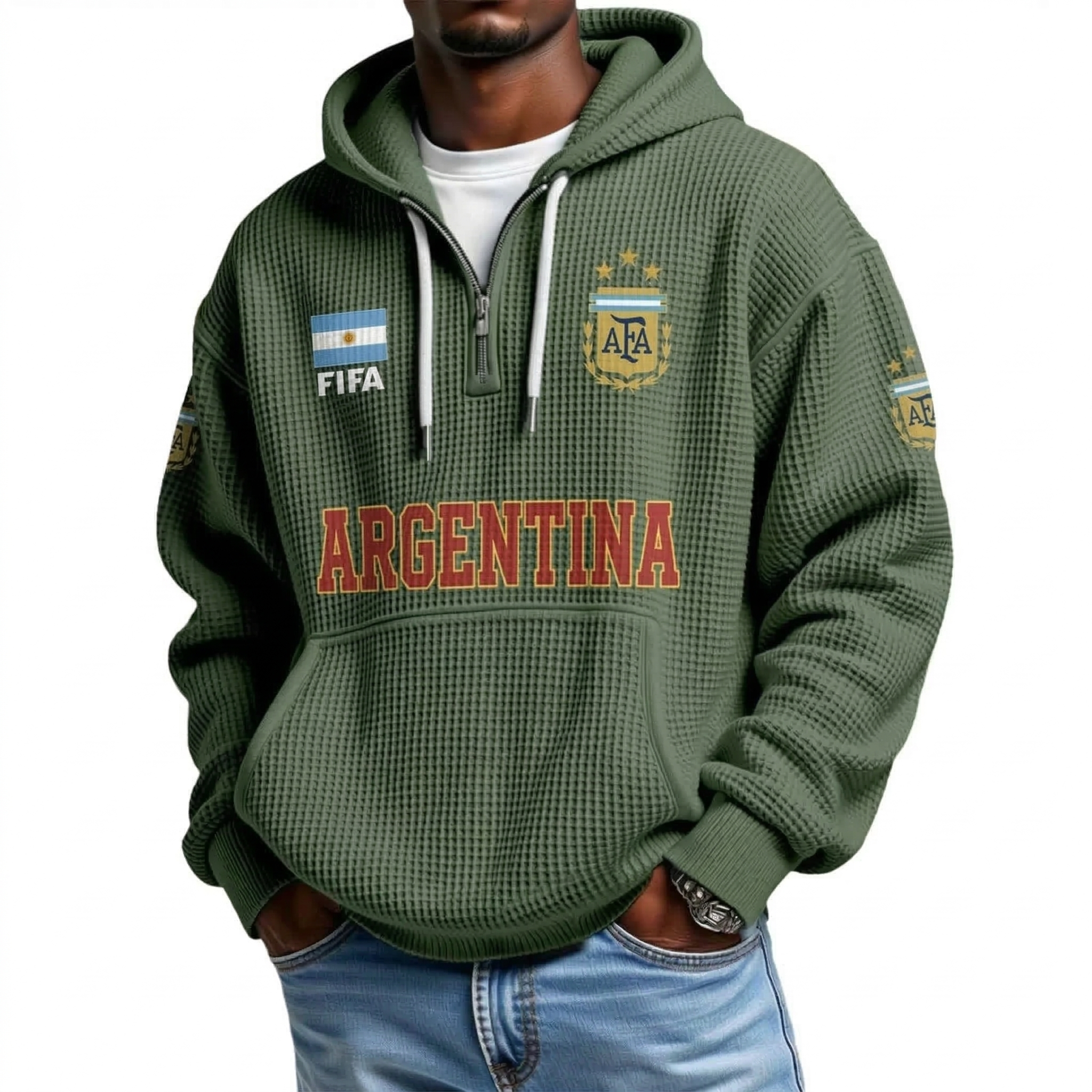 FIFA 2026 Argentina Printed Waffle Quarter Zip Football Fan Hoodie