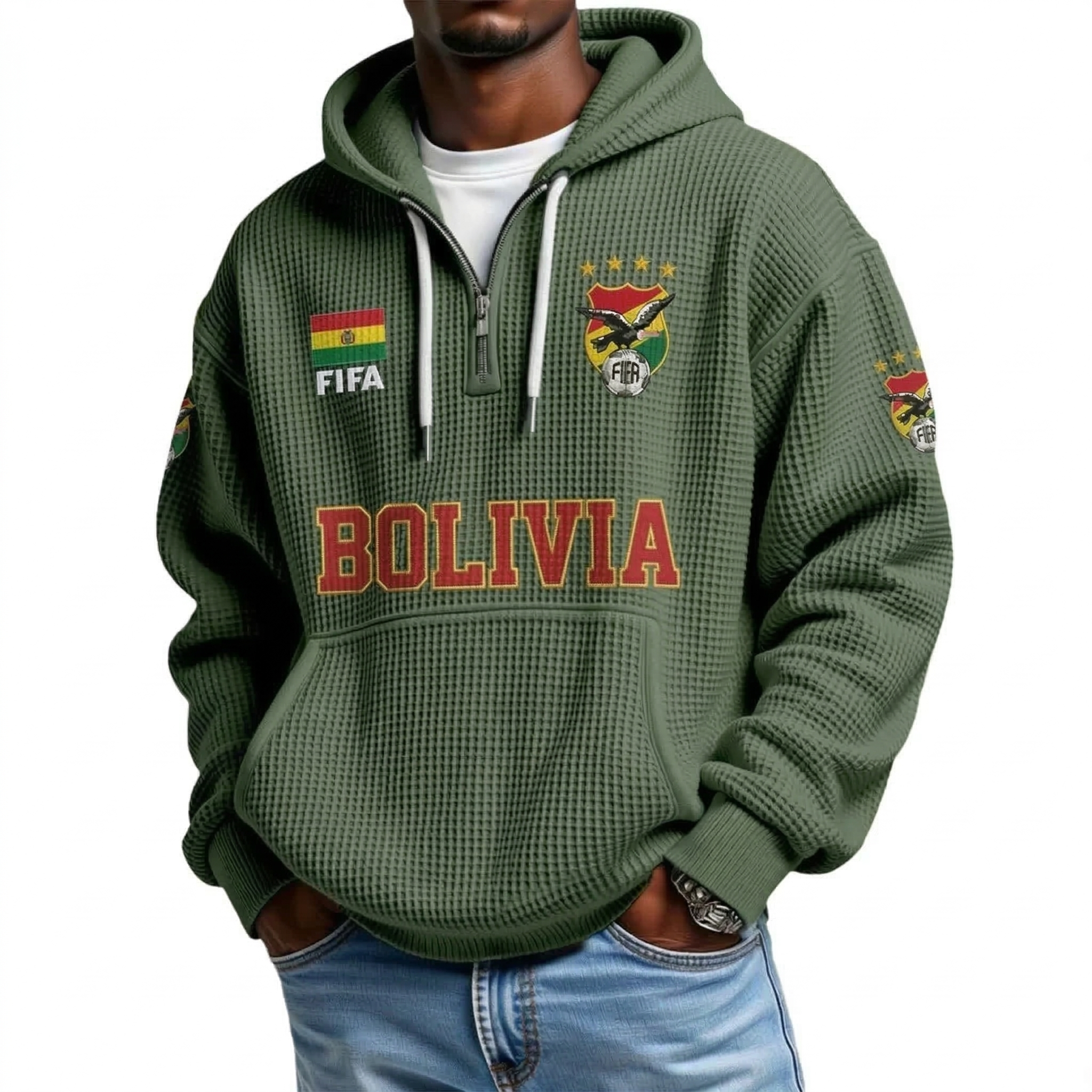 FIFA 2026 Bolivia Printed Waffle Quarter Zip Football Fan Hoodie