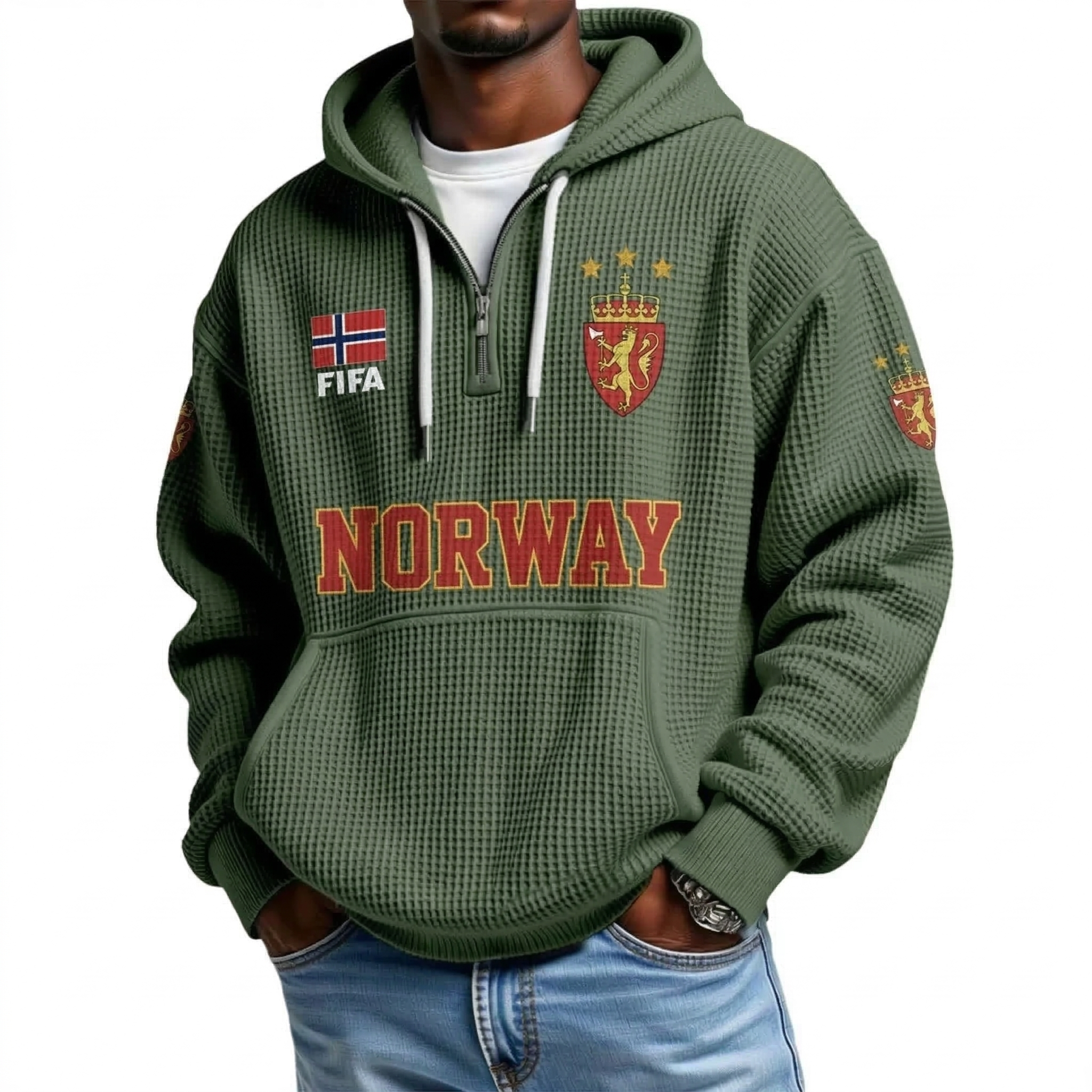 FIFA 2026 Norway Printed Waffle Quarter Zip Football Fan Hoodie