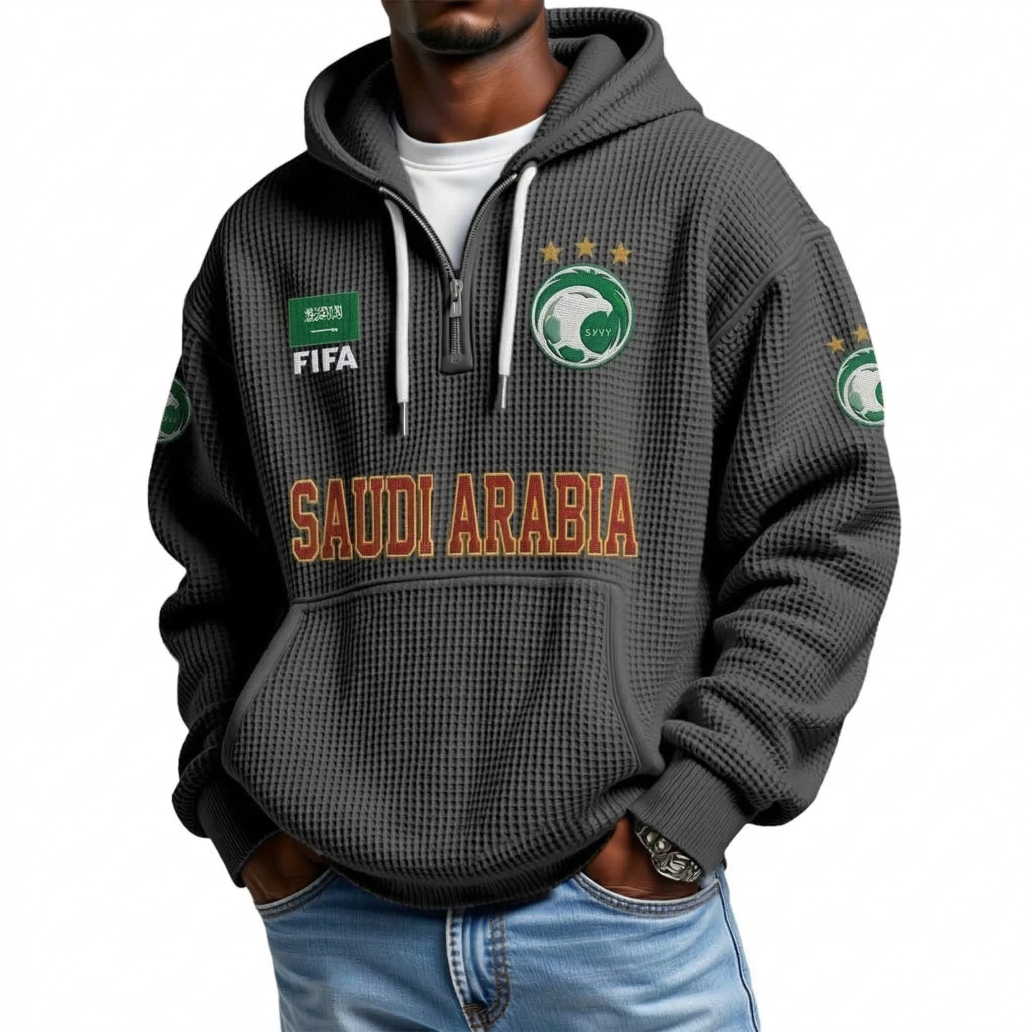 FIFA 2026 Saudi Arabia Printed Waffle Quarter Zip Football Fan Hoodie