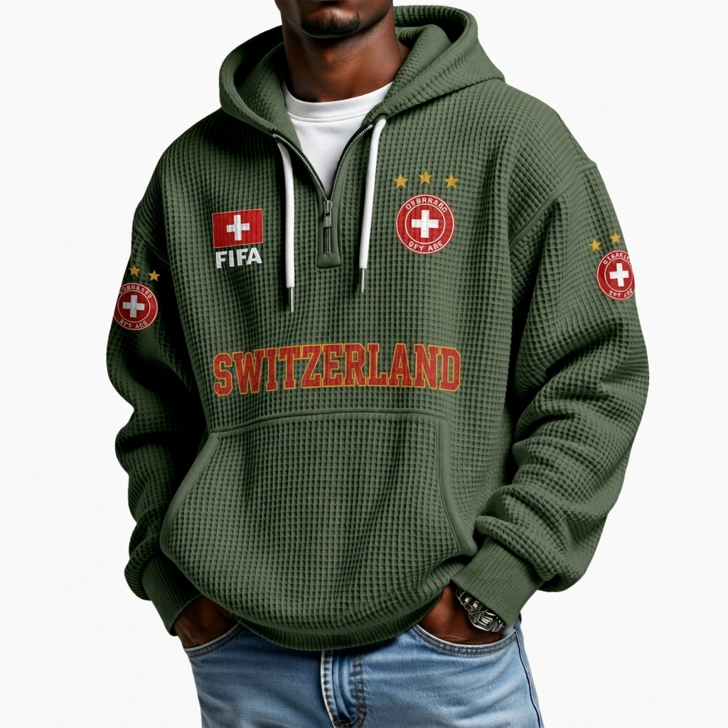 FIFA 2026 Switzerland Printed Waffle Quarter Zip Football Fan Hoodie