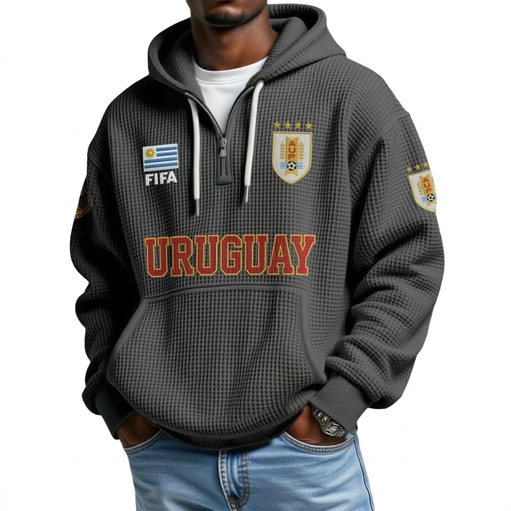 FIFA 2026 Uruguay Printed Waffle Quarter Zip Football Fan Hoodie