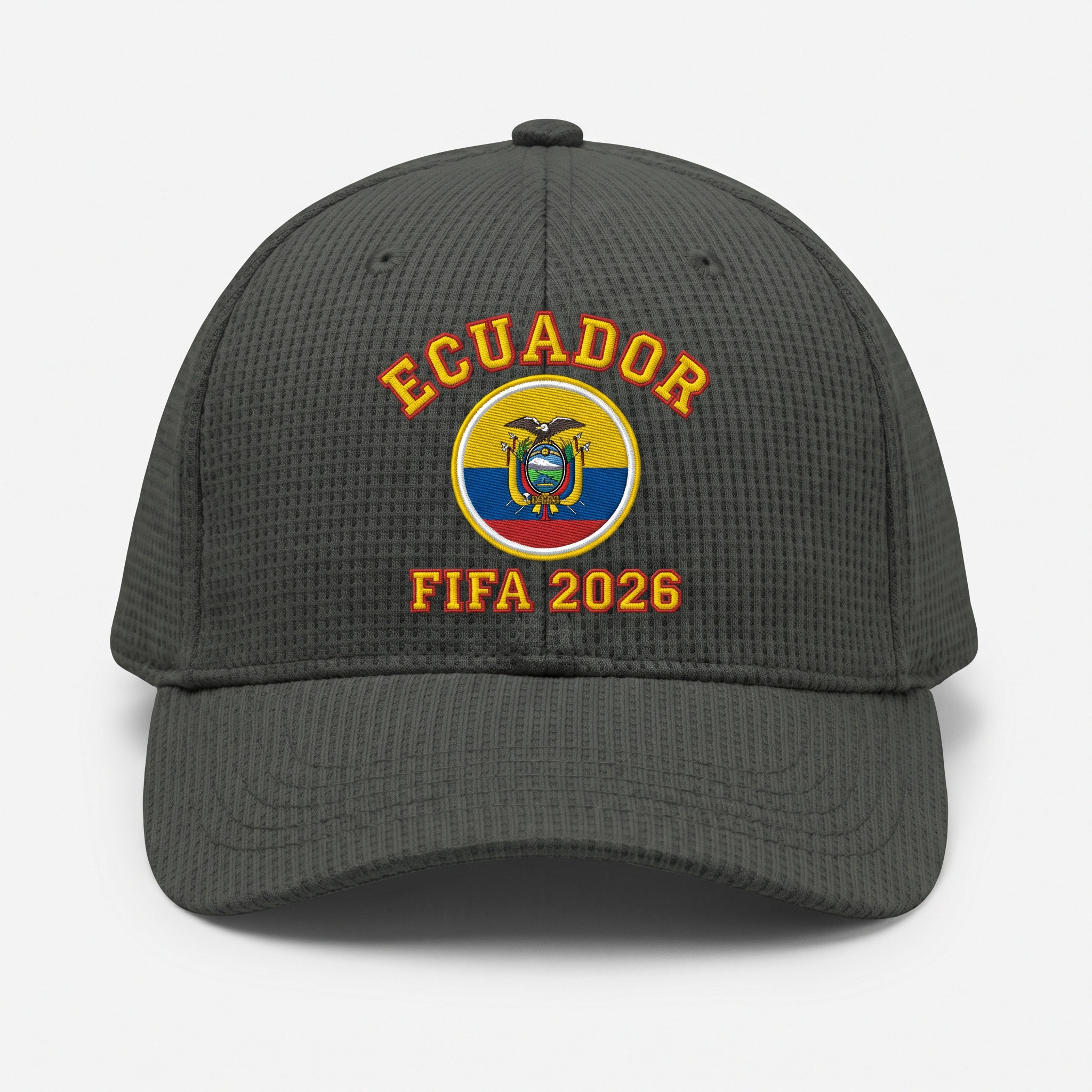 Ecuador FIFA 2026 waffle knit adjustable football fan cap dark gray with embroidered Ecuador flag patch