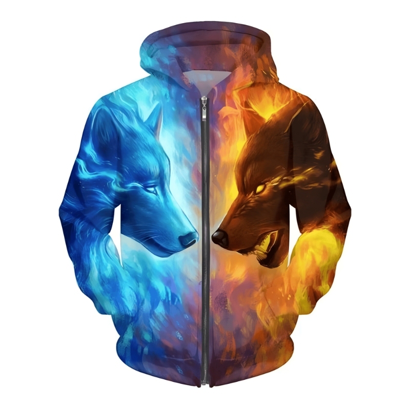 Fire Ice Wolves Hoodie Stylish Zip Up Streetwear