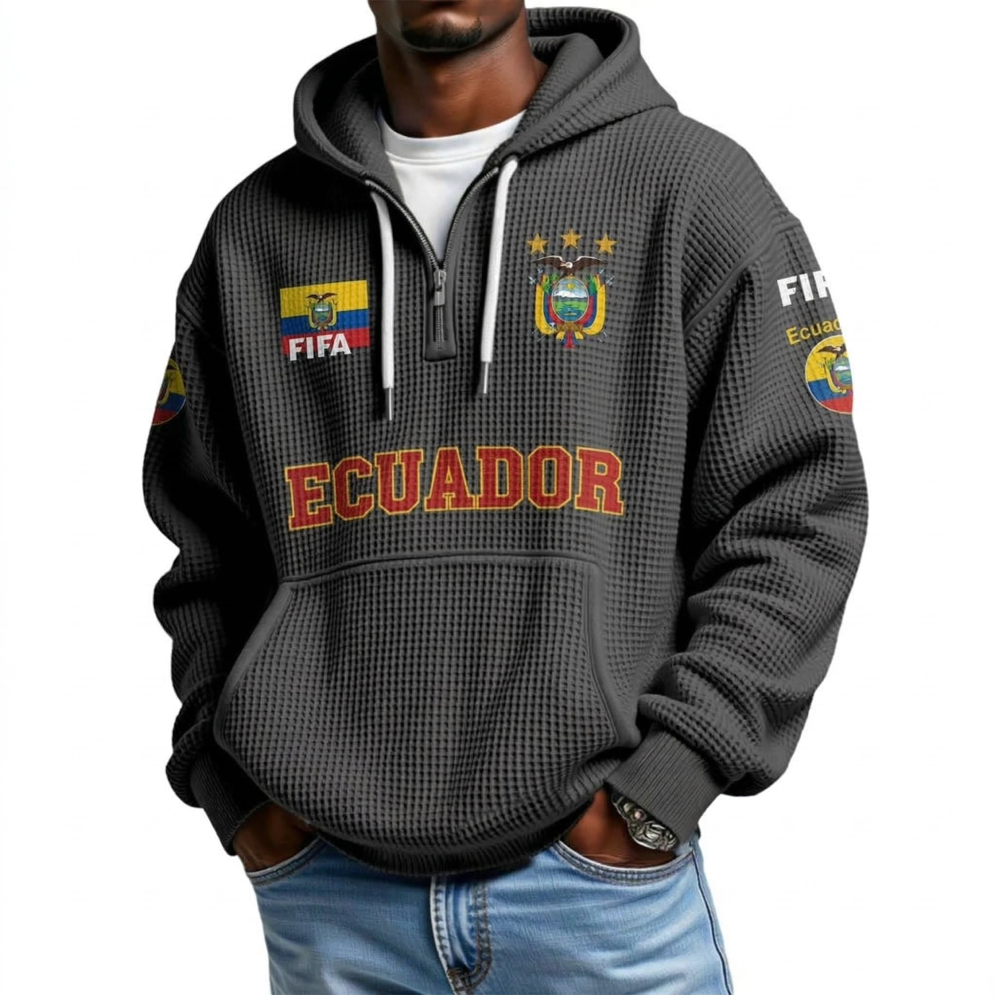 FIFA 2026 Ecuador Printed Waffle Quarter Zip Football Fan Hoodie