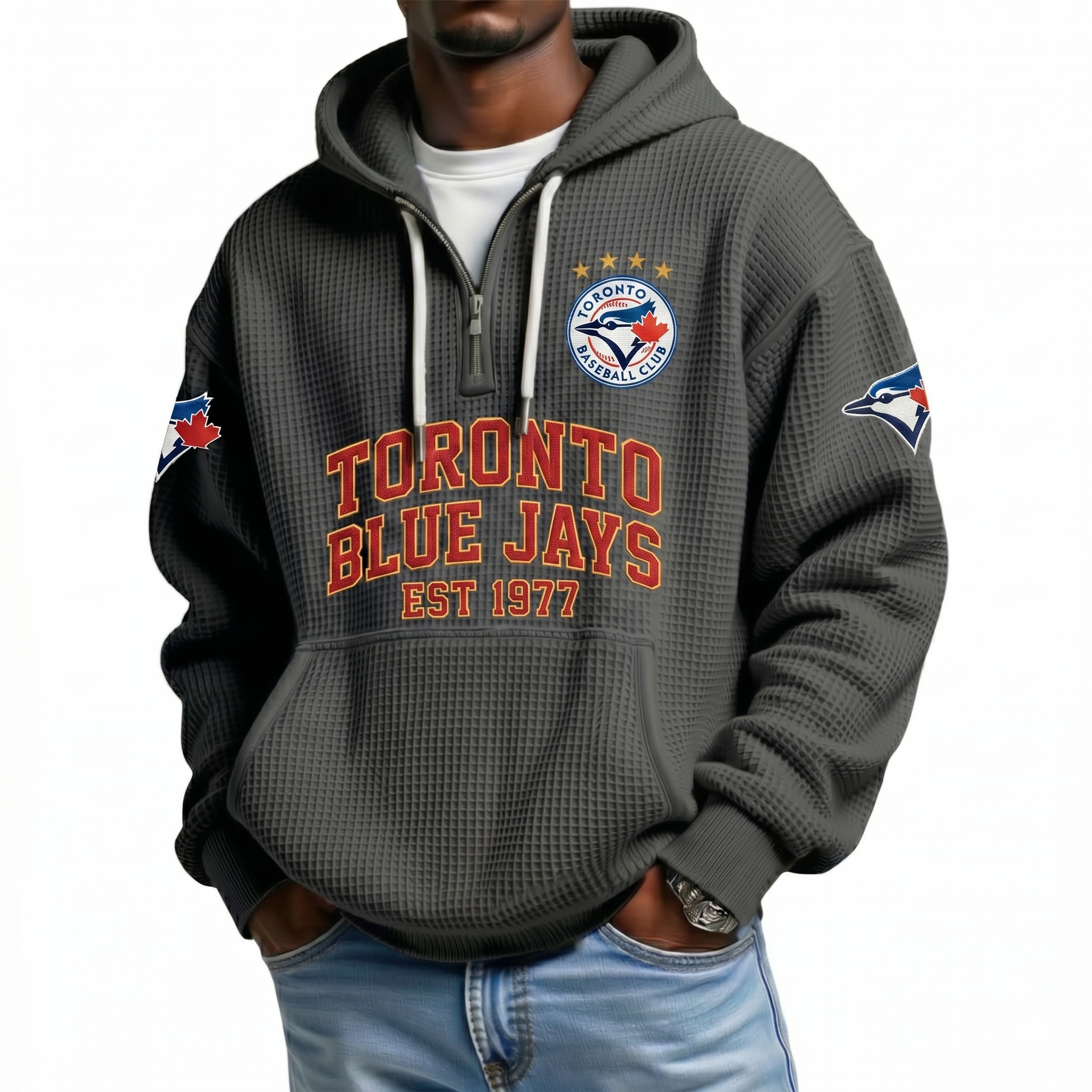 Toronto Blue Jays EST 1977 Printed Waffle Quarter Zip Baseball Fan Hoodie