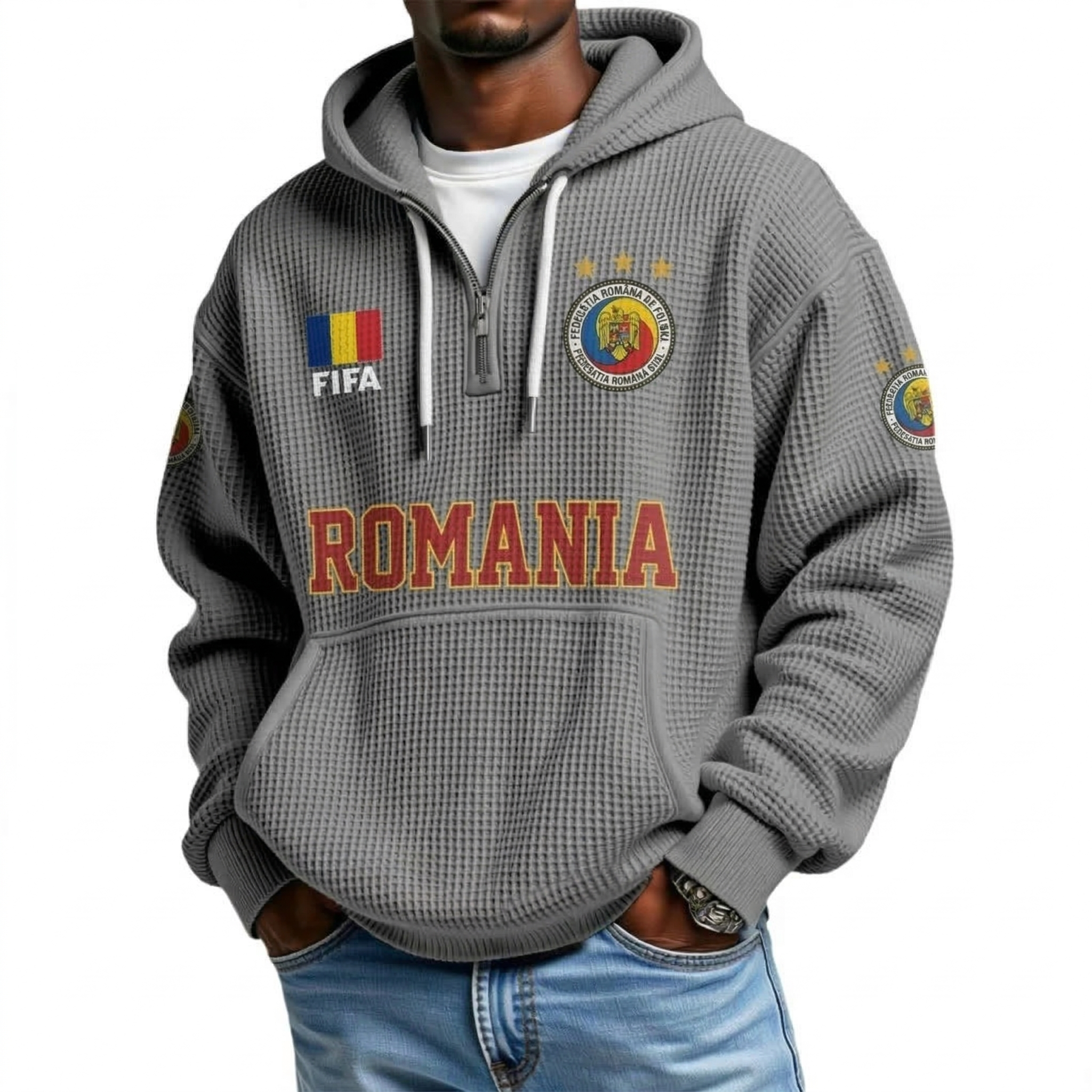 FIFA 2026 Romania Printed Waffle Quarter Zip Football Fan Hoodie