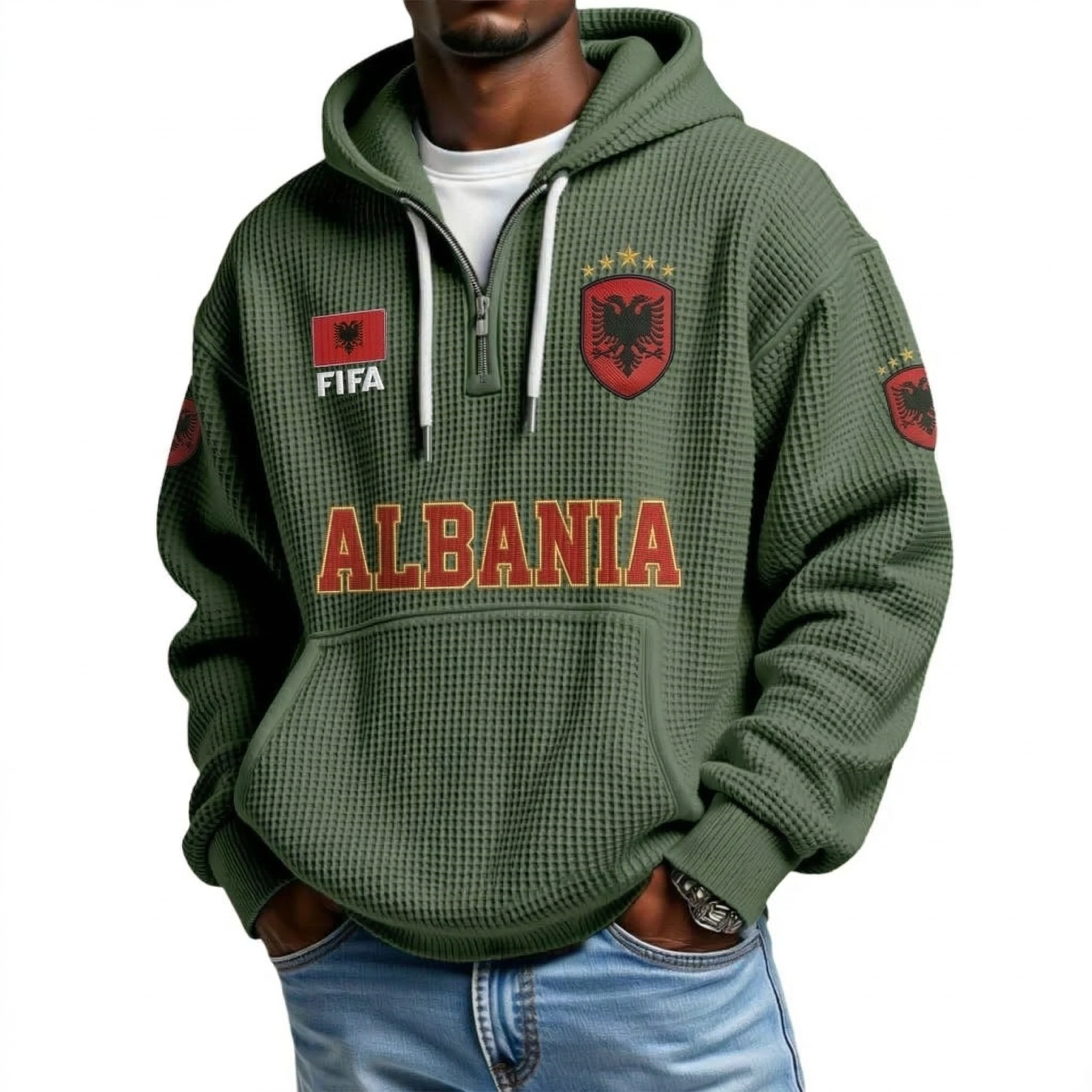 FIFA 2026 Albania Printed Waffle Quarter Zip Football Fan Hoodie