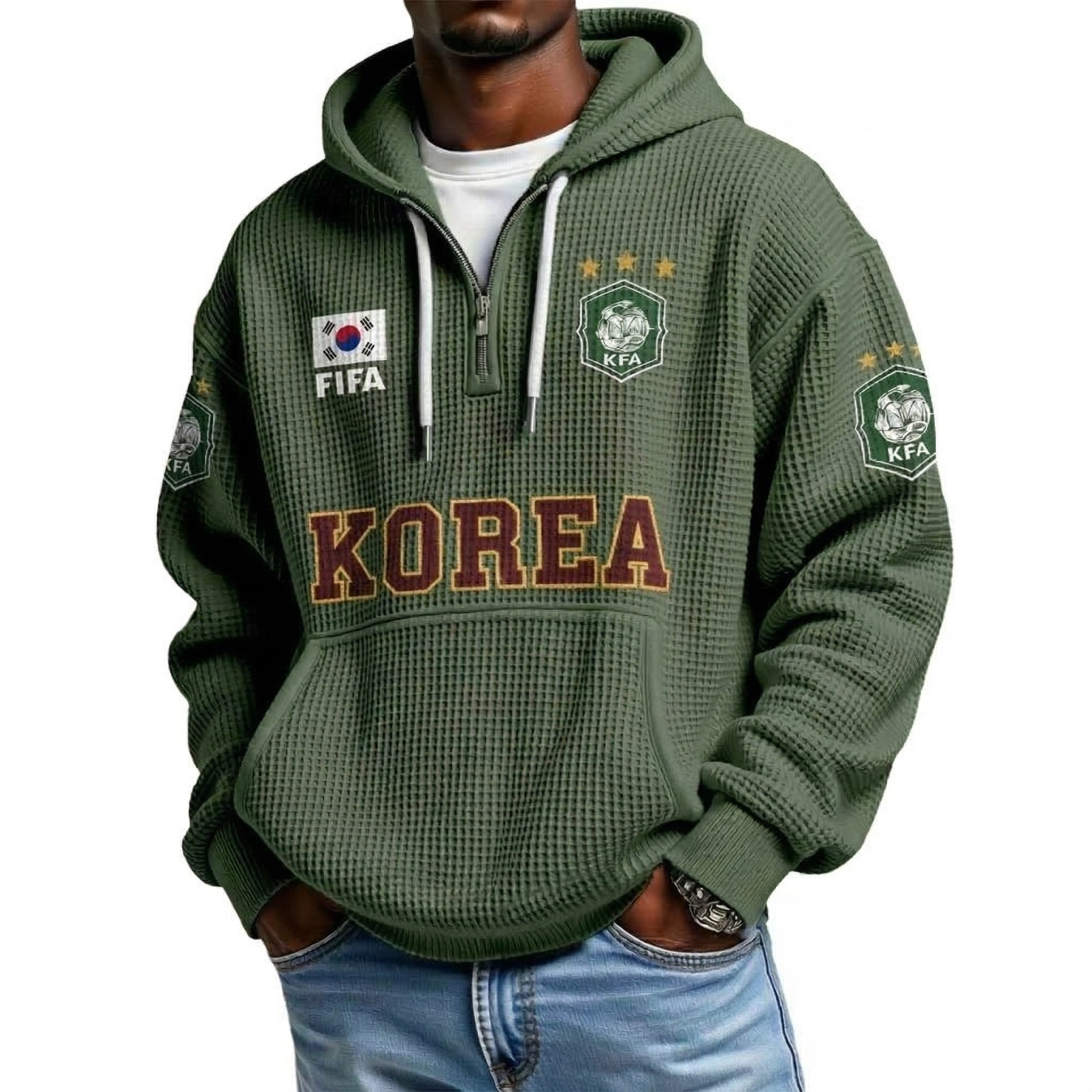 FIFA 2026 South Korea Printed Waffle Quarter Zip Football Fan Hoodie