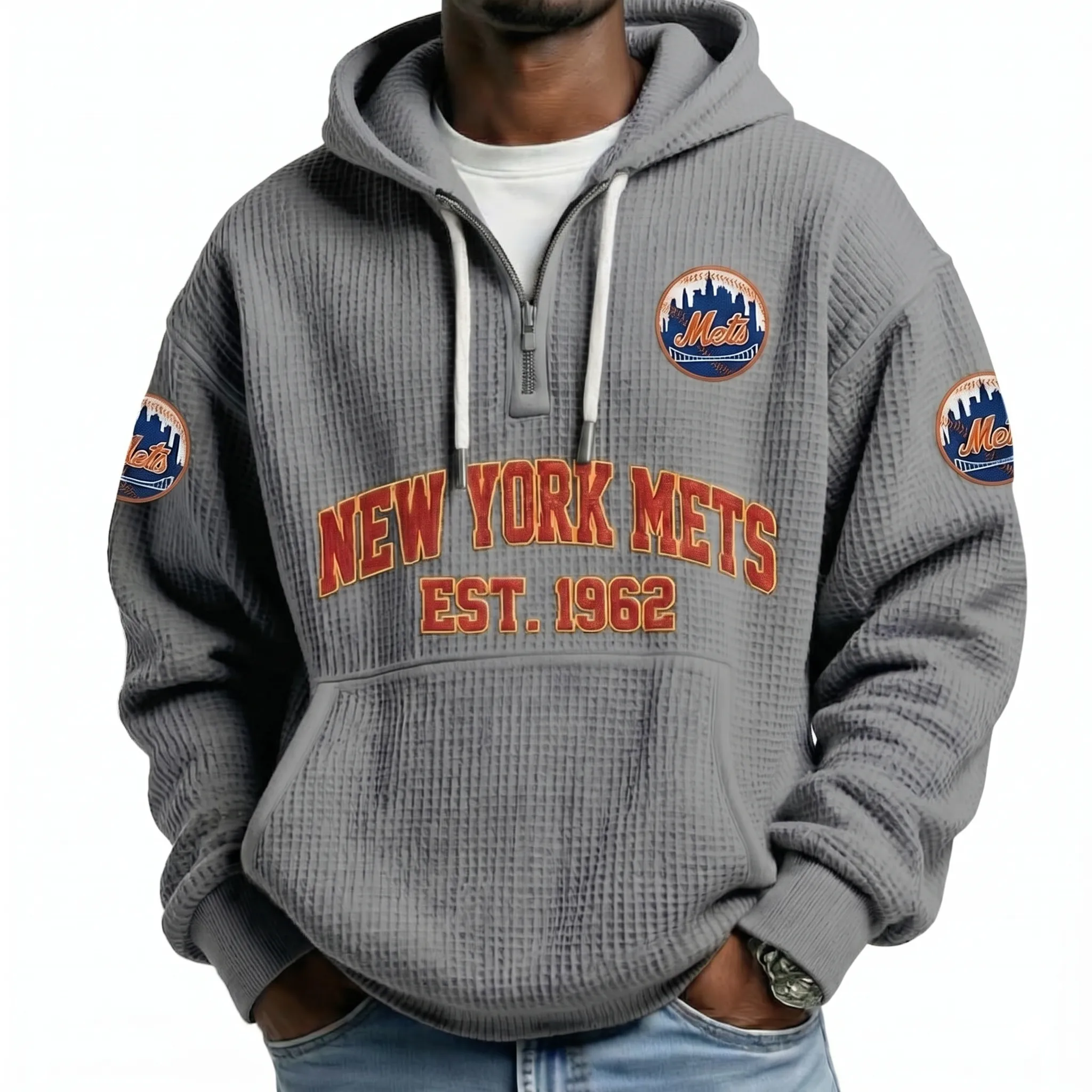 New York Mets EST 1962 Printed Waffle Quarter Zip Baseball Fan Hoodie