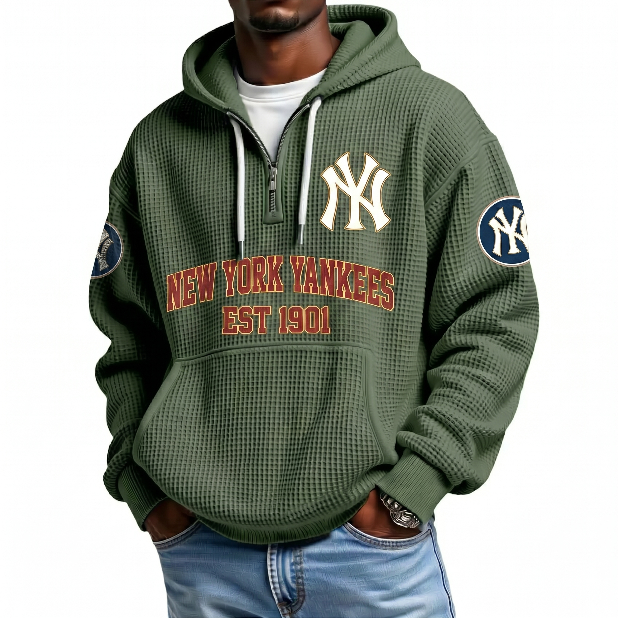 New York Yankees EST 1901 Printed Waffle Quarter Zip Baseball Fan Hoodie
