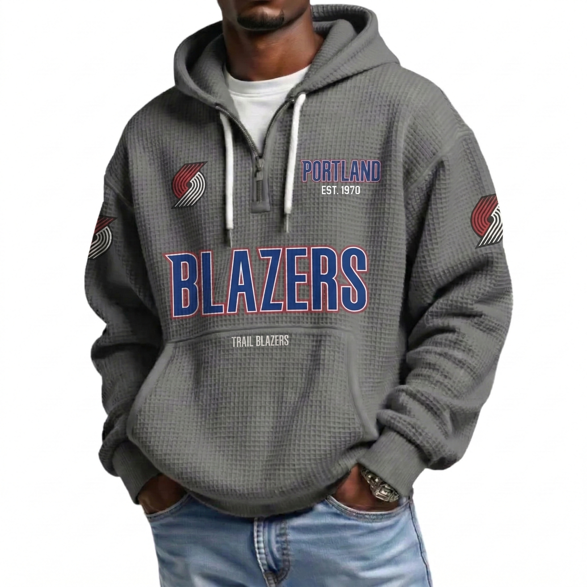 Portland Trail Blazers EST 1970 Printed Waffle Quarter Zip Basketball Fan Hoodie