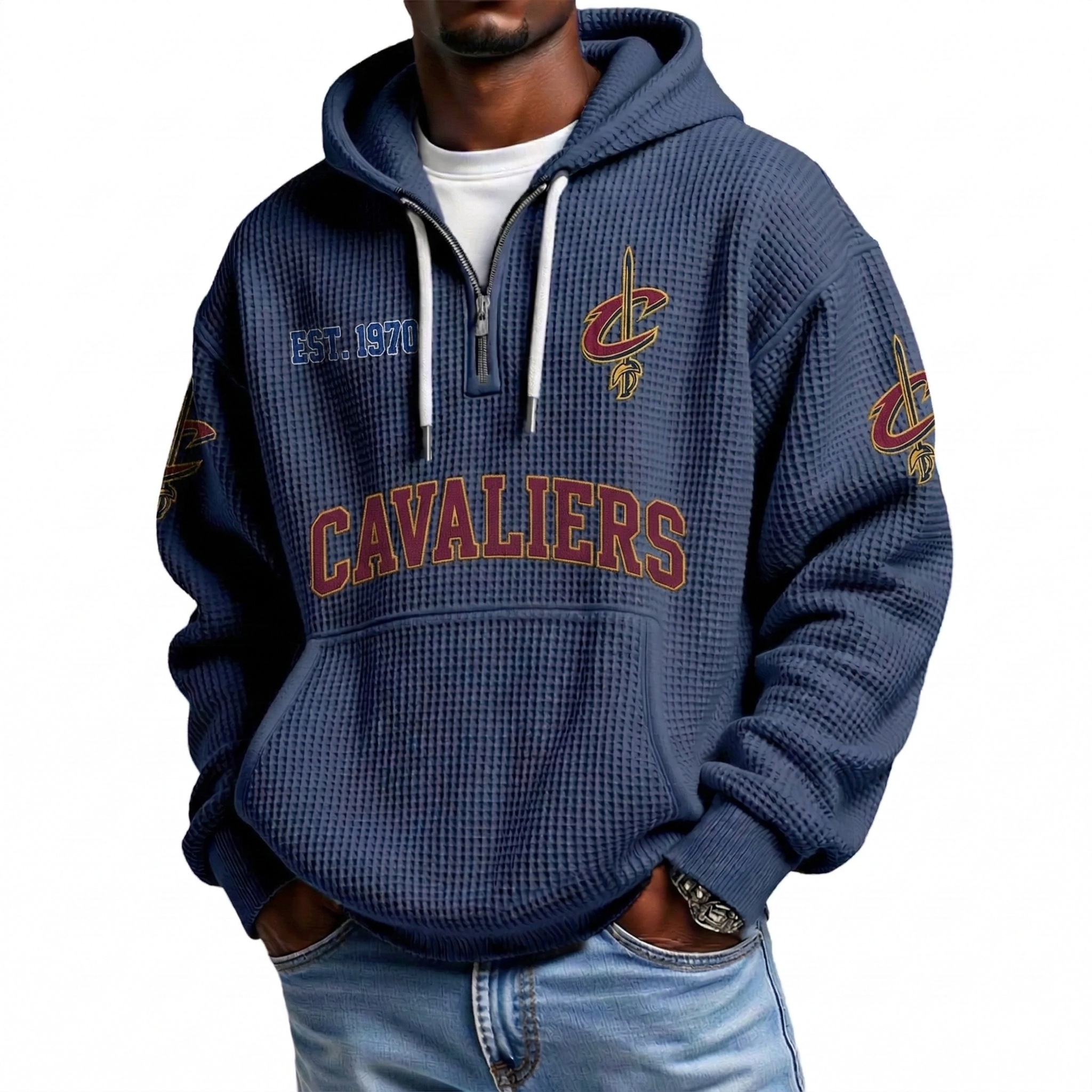 Cleveland Cavaliers EST 1970 Printed Waffle Quarter Zip Basketball Fan Hoodie