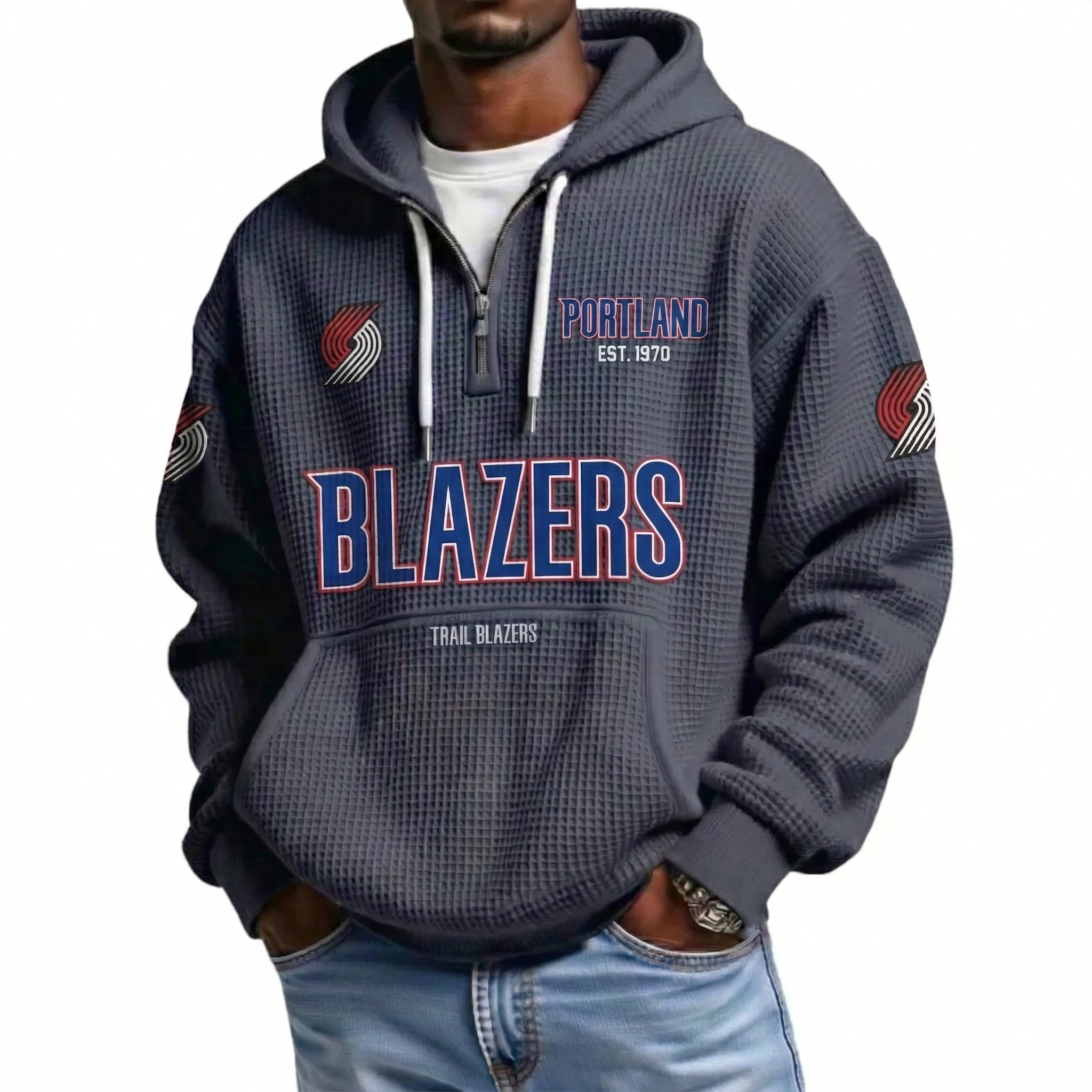 Portland Trail Blazers EST 1970 Printed Waffle Quarter Zip Basketball Fan Hoodie