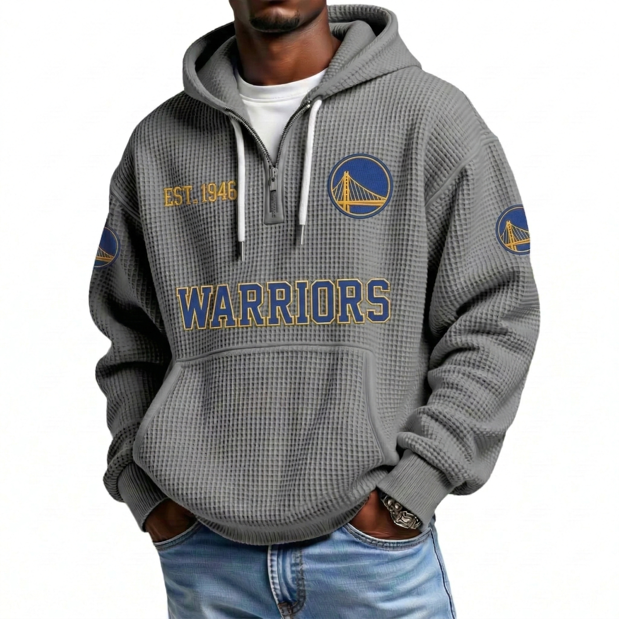 Golden State Warriors EST 1946 Printed Waffle Quarter Zip Basketball Fan Hoodie