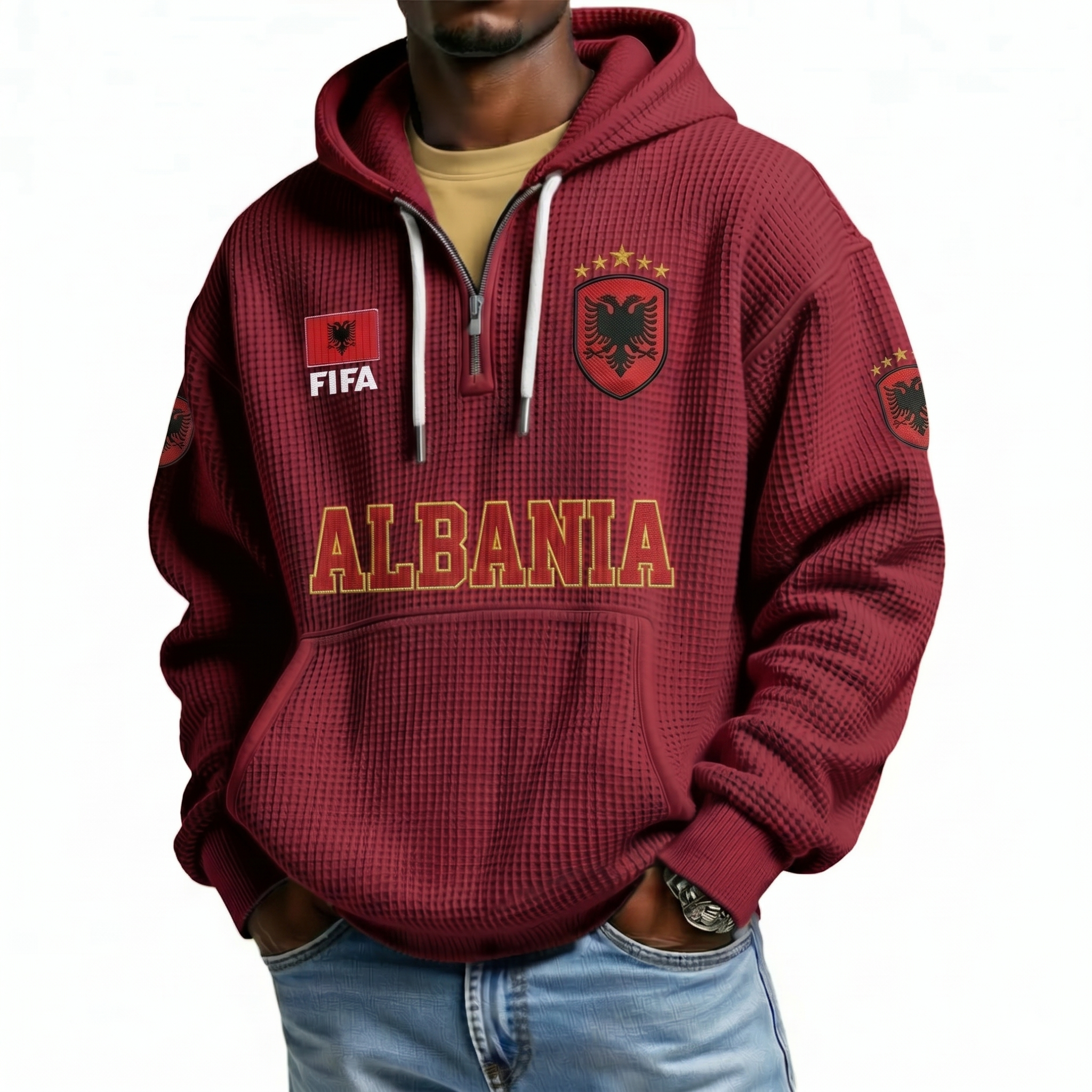 FIFA 2026 Albania Printed Waffle Quarter Zip Football Fan Hoodie