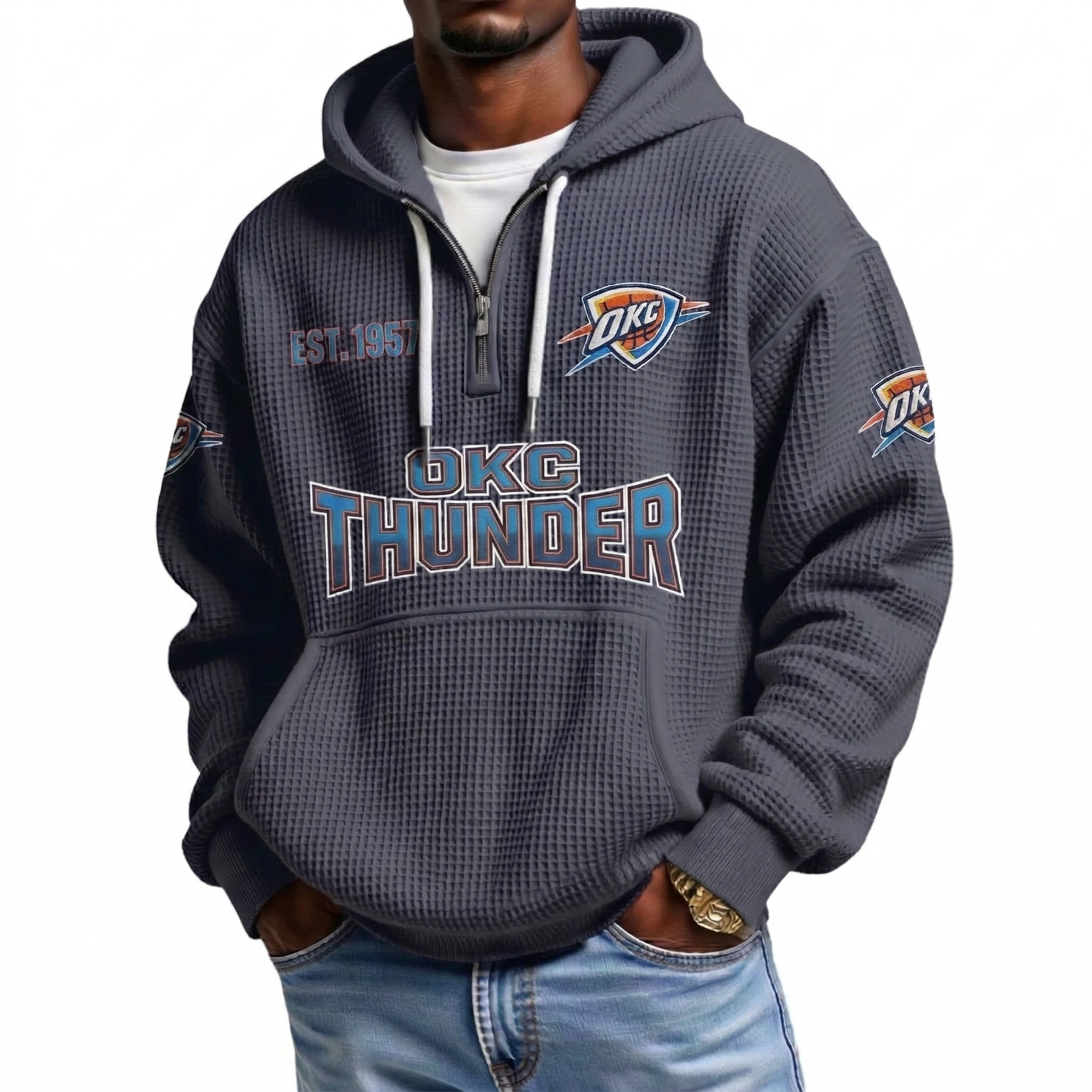 Oklahoma City Thunder EST 1967 Printed Waffle Quarter Zip Basketball Fan Hoodie