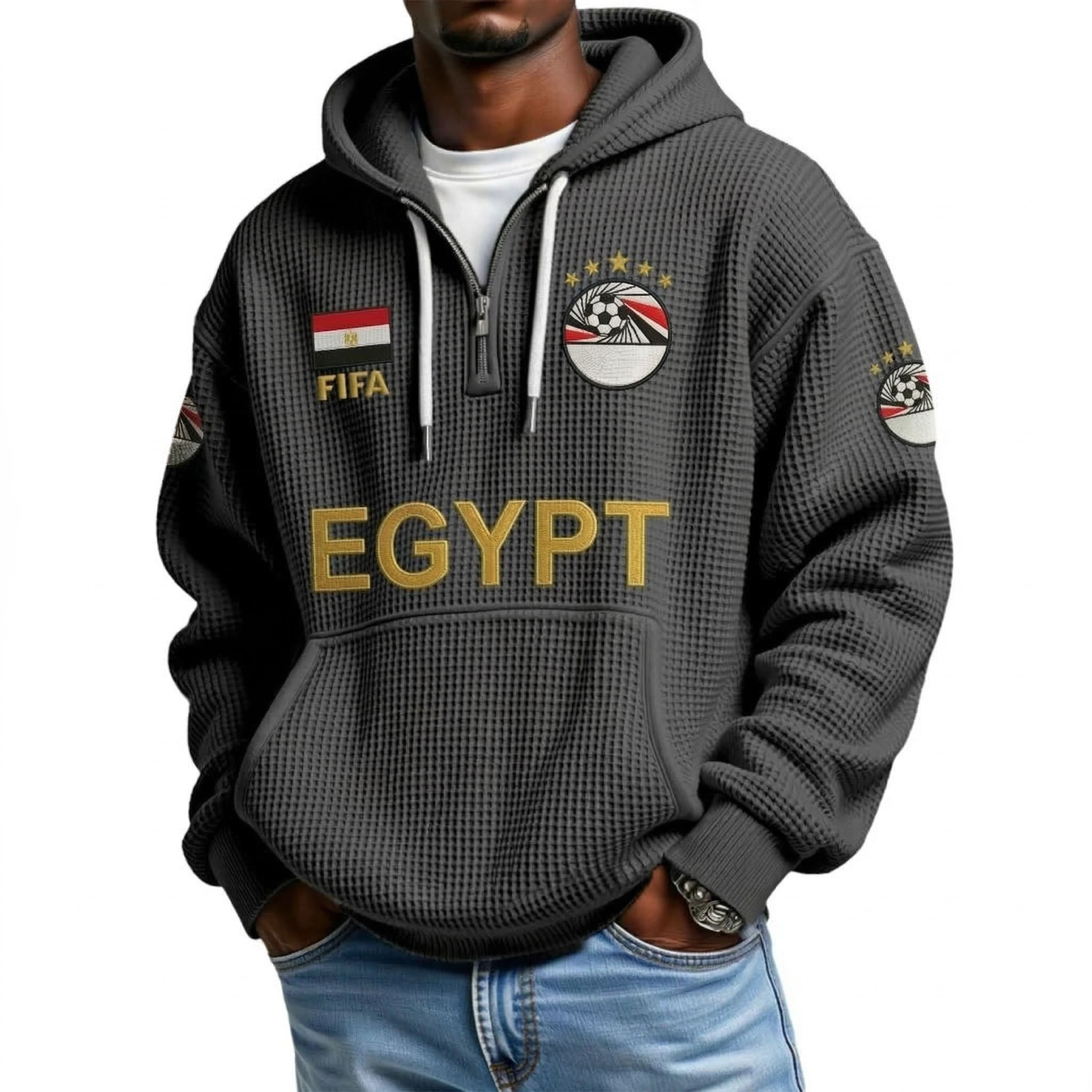 FIFA 2026 Egypt Printed Waffle Quarter Zip Football Fan Hoodie