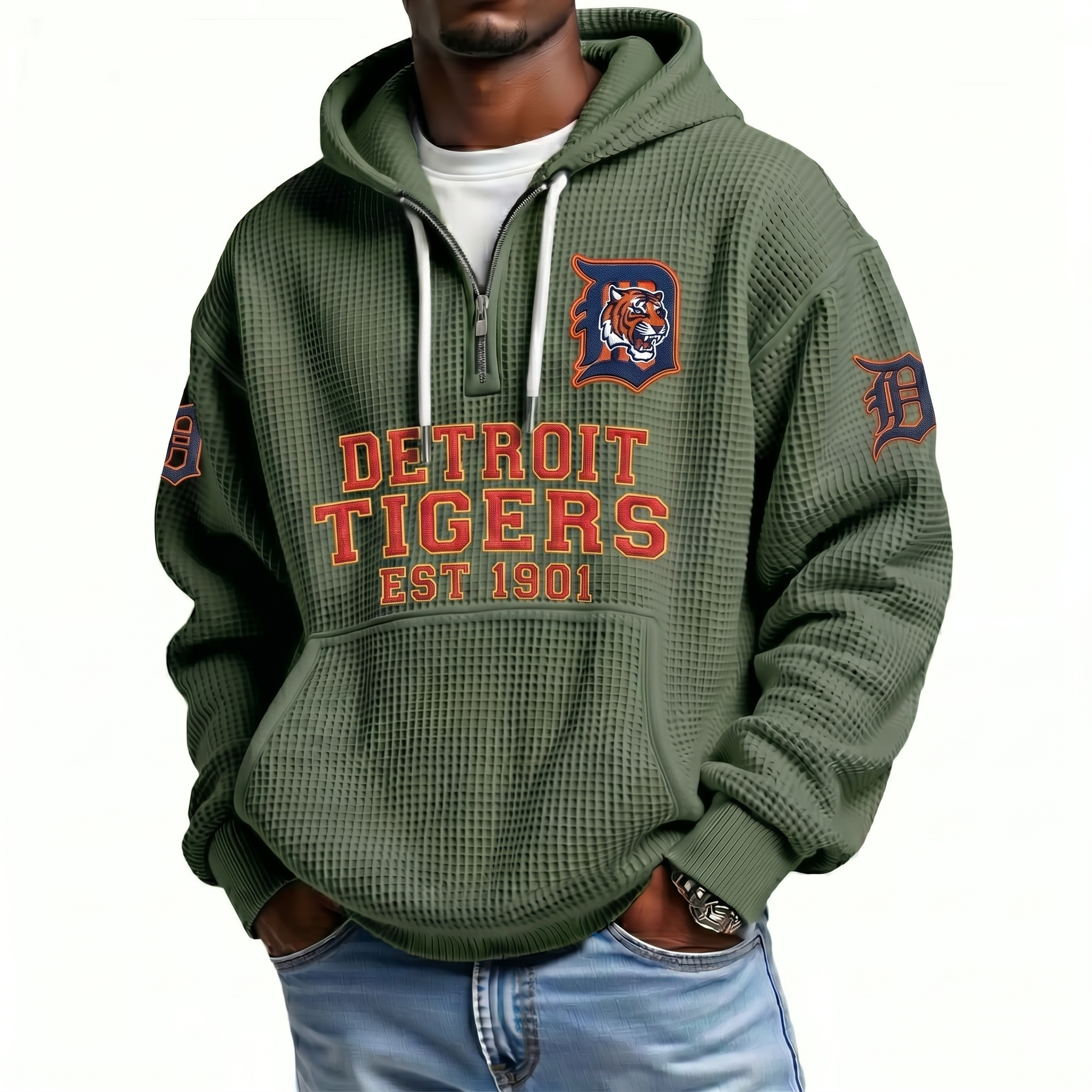Detroit Tigers EST 1901 Printed Waffle Quarter Zip Baseball Fan Hoodie