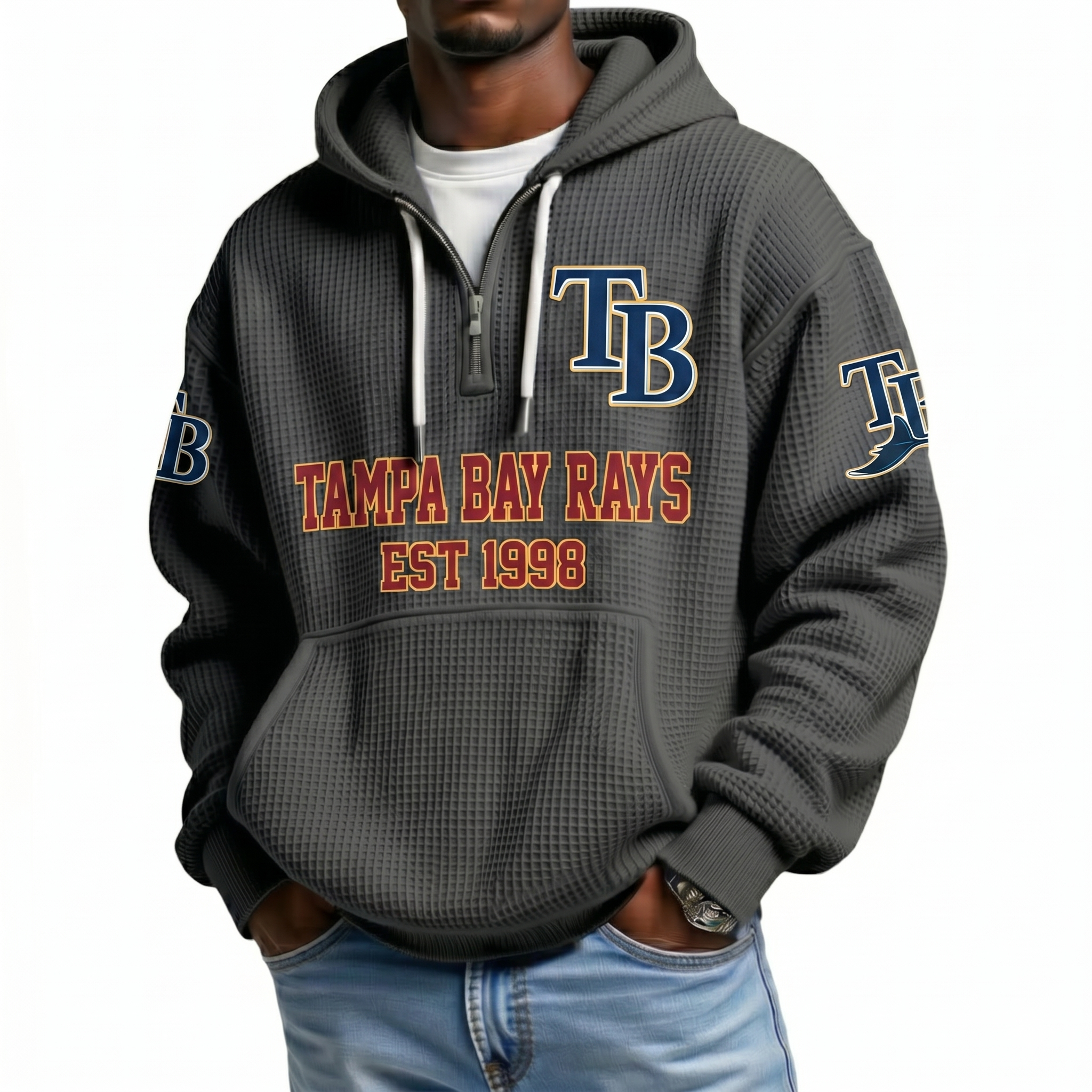 Tampa Bay Rays EST 1998 Printed Waffle Quarter Zip Baseball Fan Hoodie
