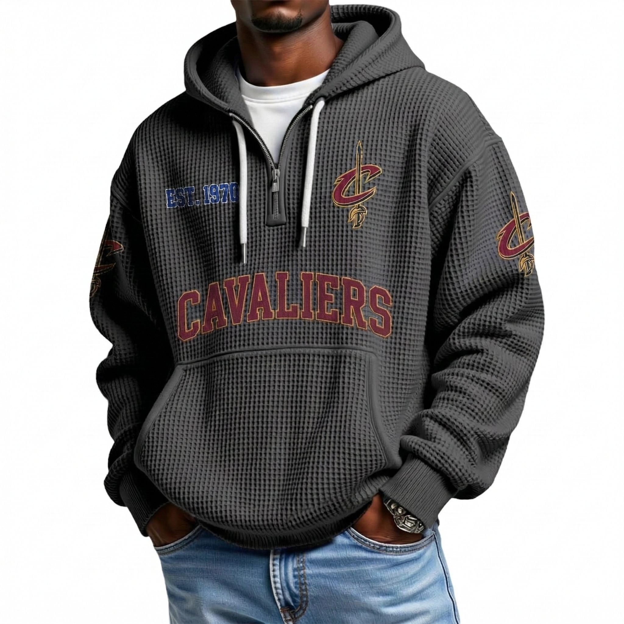 Cleveland Cavaliers EST 1970 Printed Waffle Quarter Zip Basketball Fan Hoodie