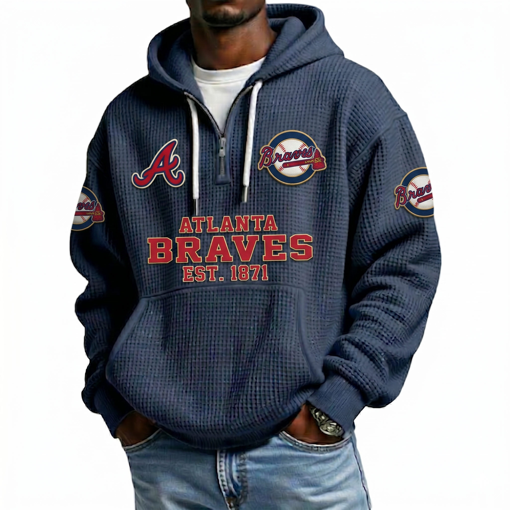 Atlanta Braves EST 1871 Printed Waffle Quarter Zip Baseball Fan Hoodie