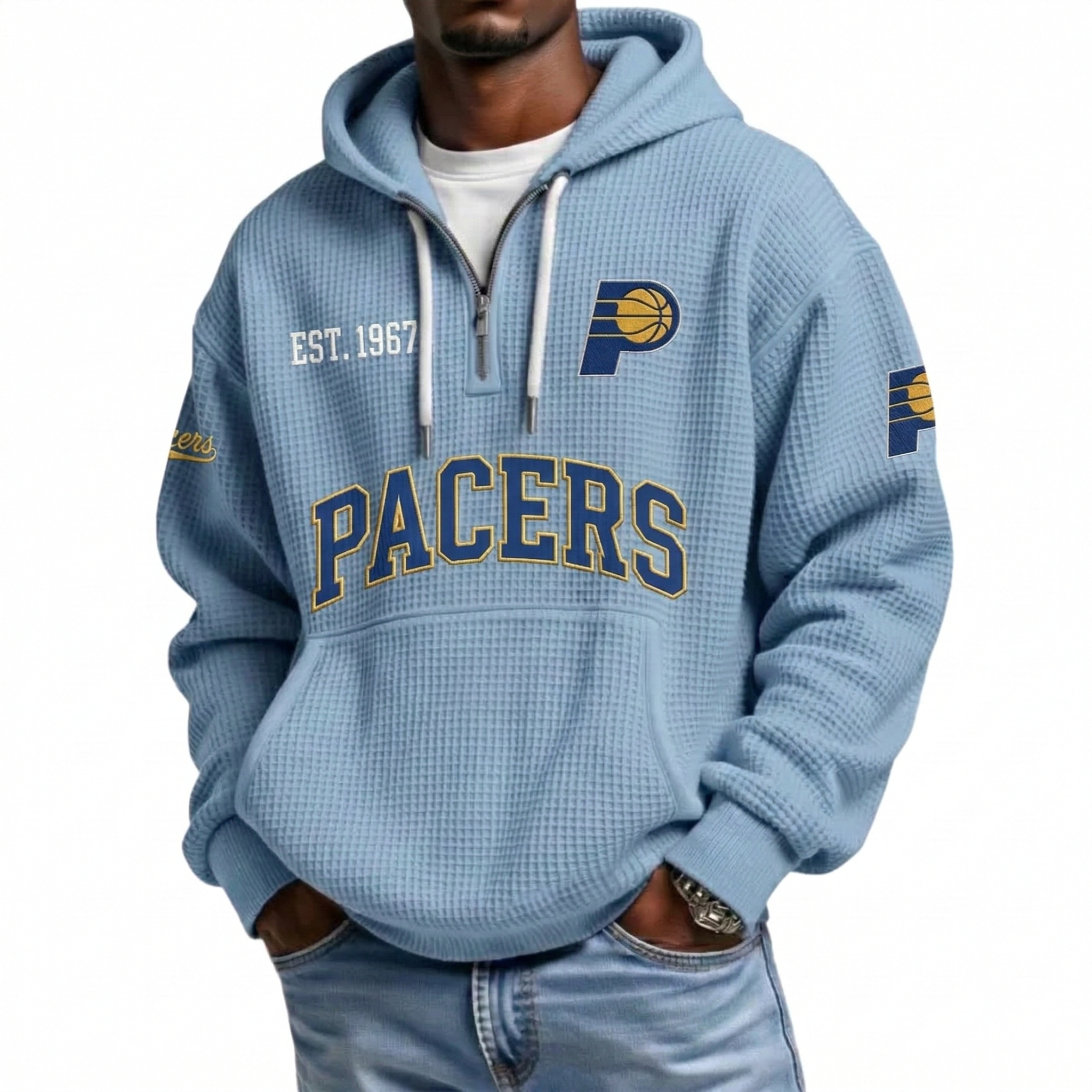 Indiana Pacers EST 1967 Printed Waffle Quarter Zip Basketball Fan Hoodie