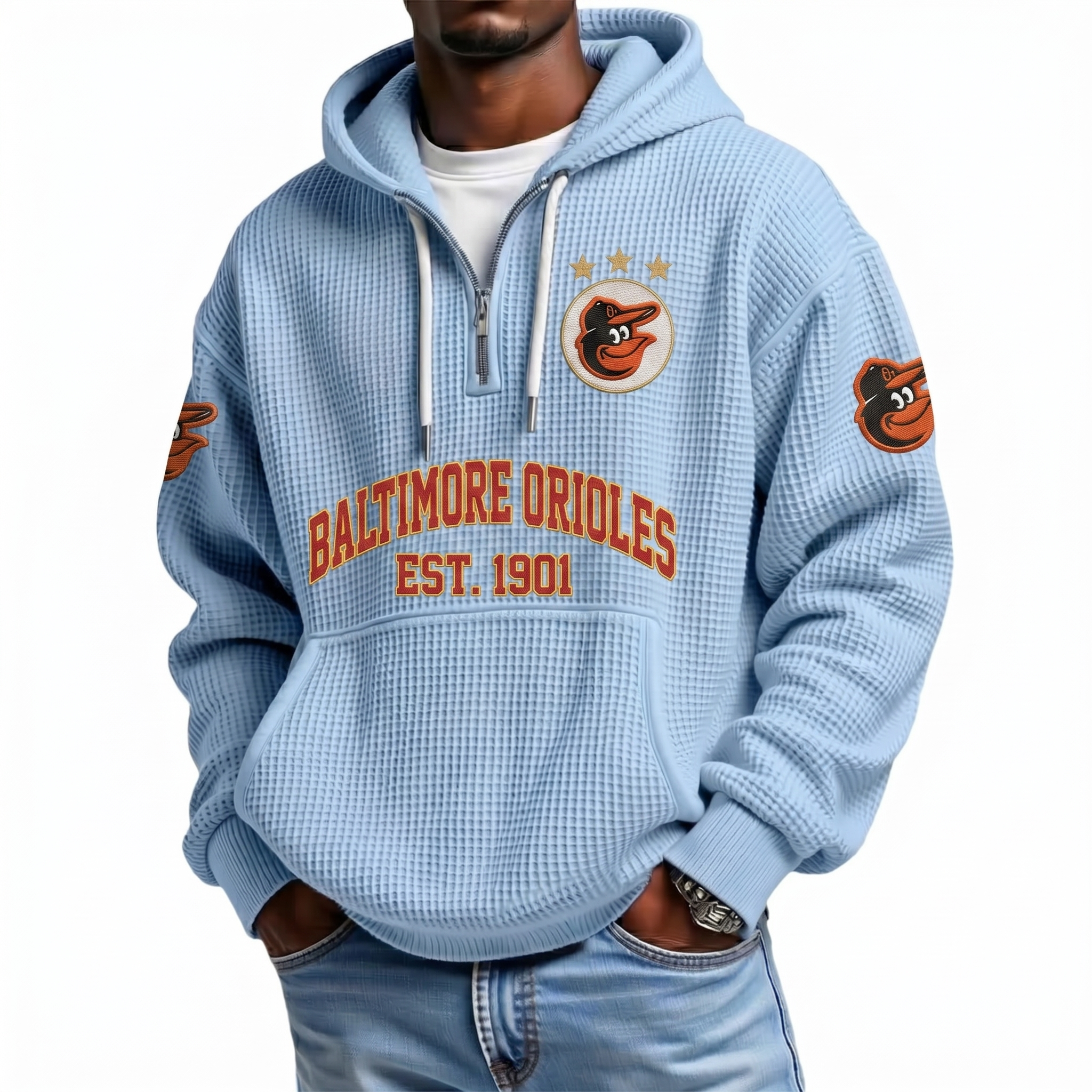 Baltimore Orioles EST 1901 Printed Waffle Quarter Zip Baseball Fan Hoodie