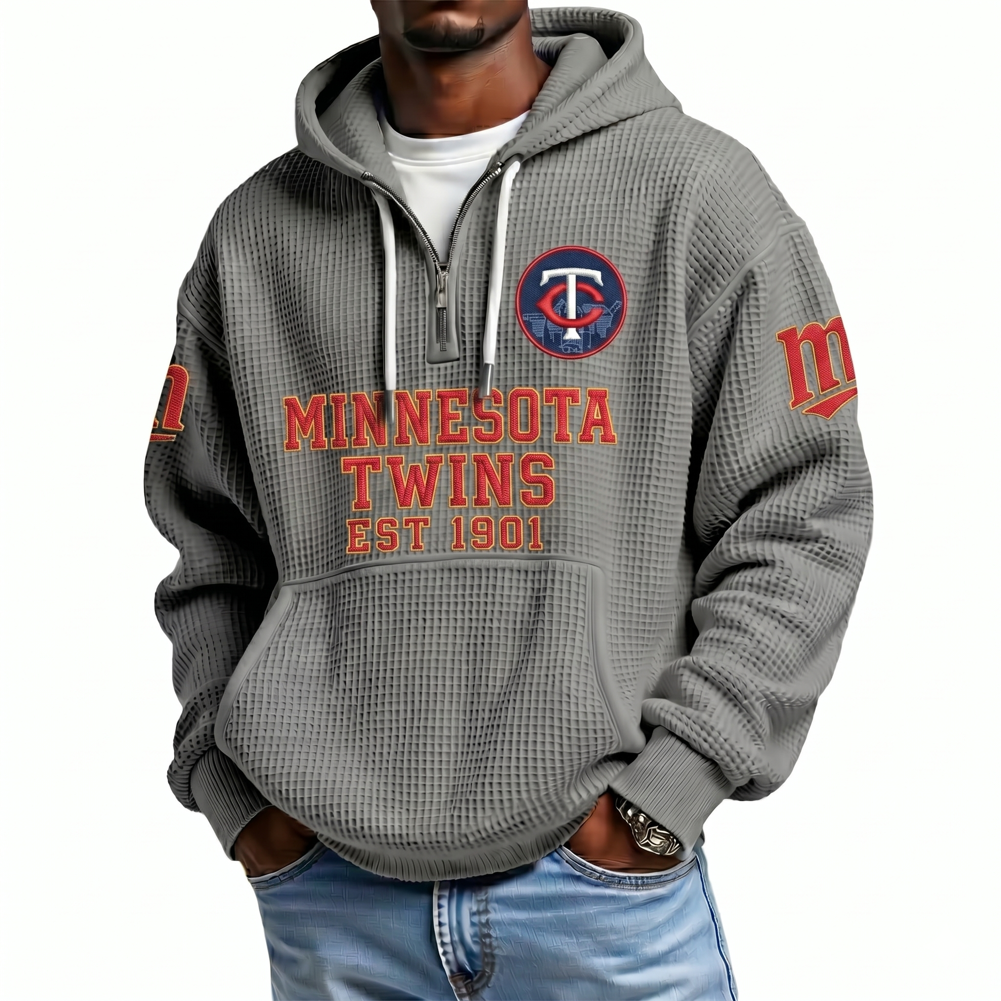 Minnesota Twins EST 1901 Printed Waffle Quarter Zip Baseball Fan Hoodie