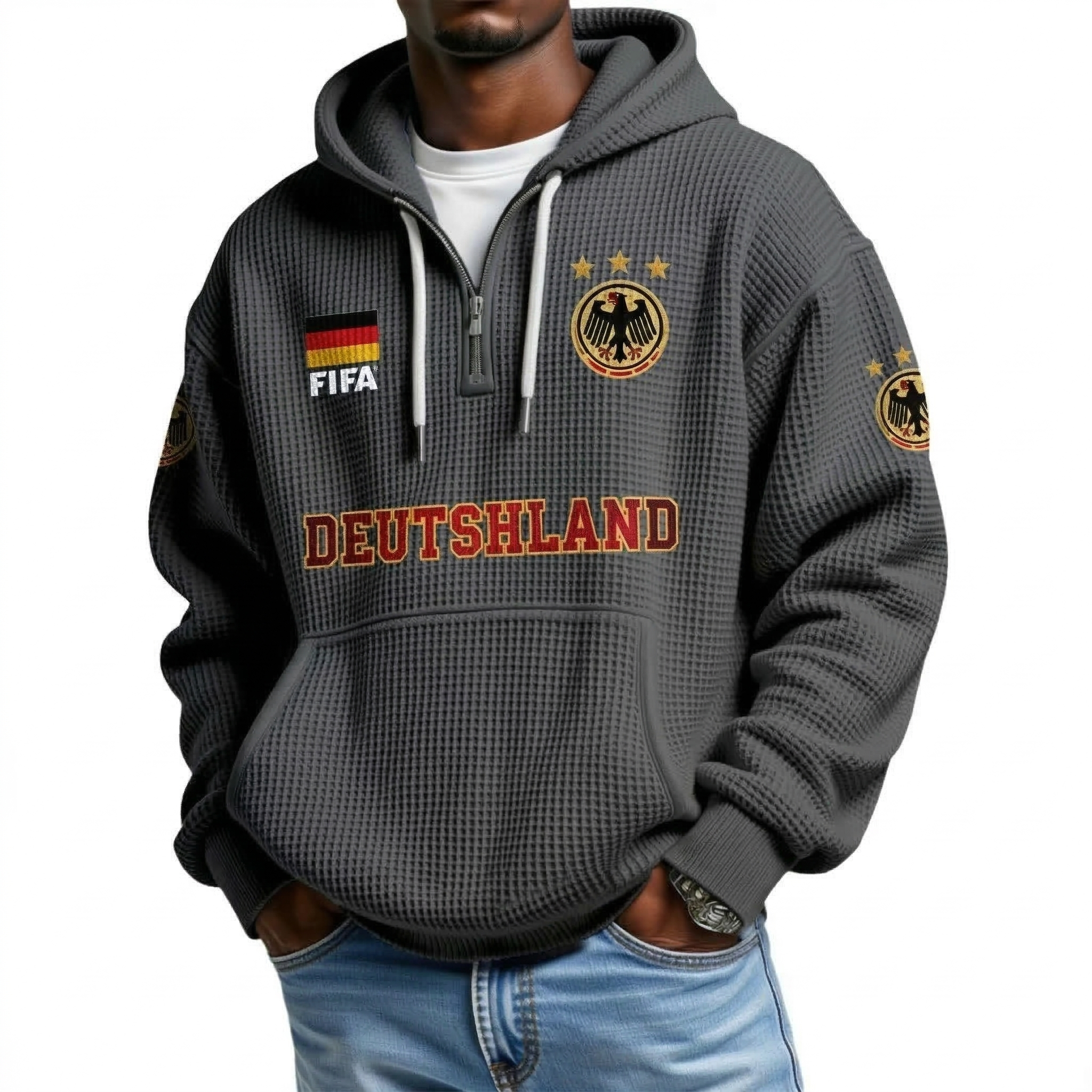 FIFA 2026 Germany Printed Waffle Quarter Zip Football Fan Hoodie