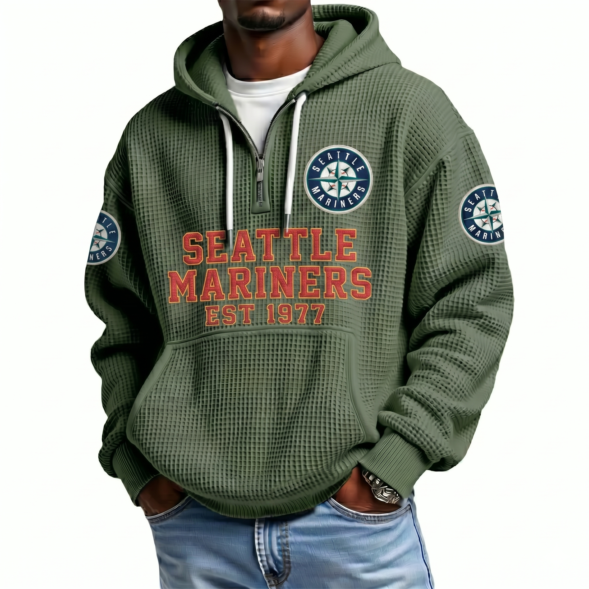 Seattle Mariners EST 1977 Printed Waffle Quarter Zip Baseball Fan Hoodie
