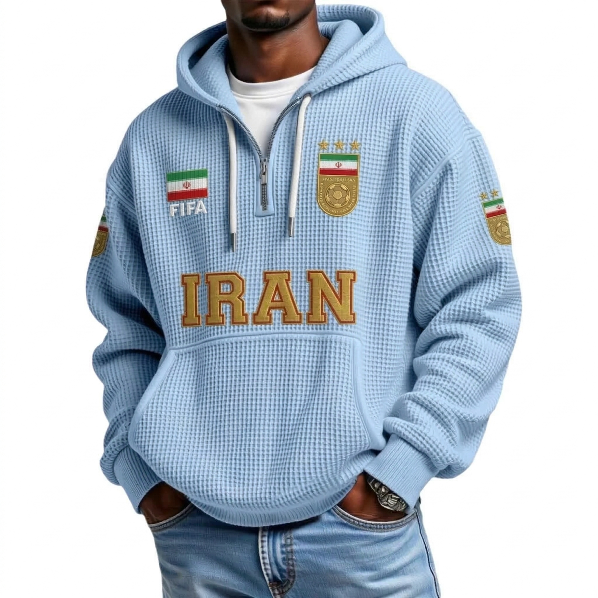 FIFA 2026 Iran Printed Waffle Quarter Zip Football Fan Hoodie