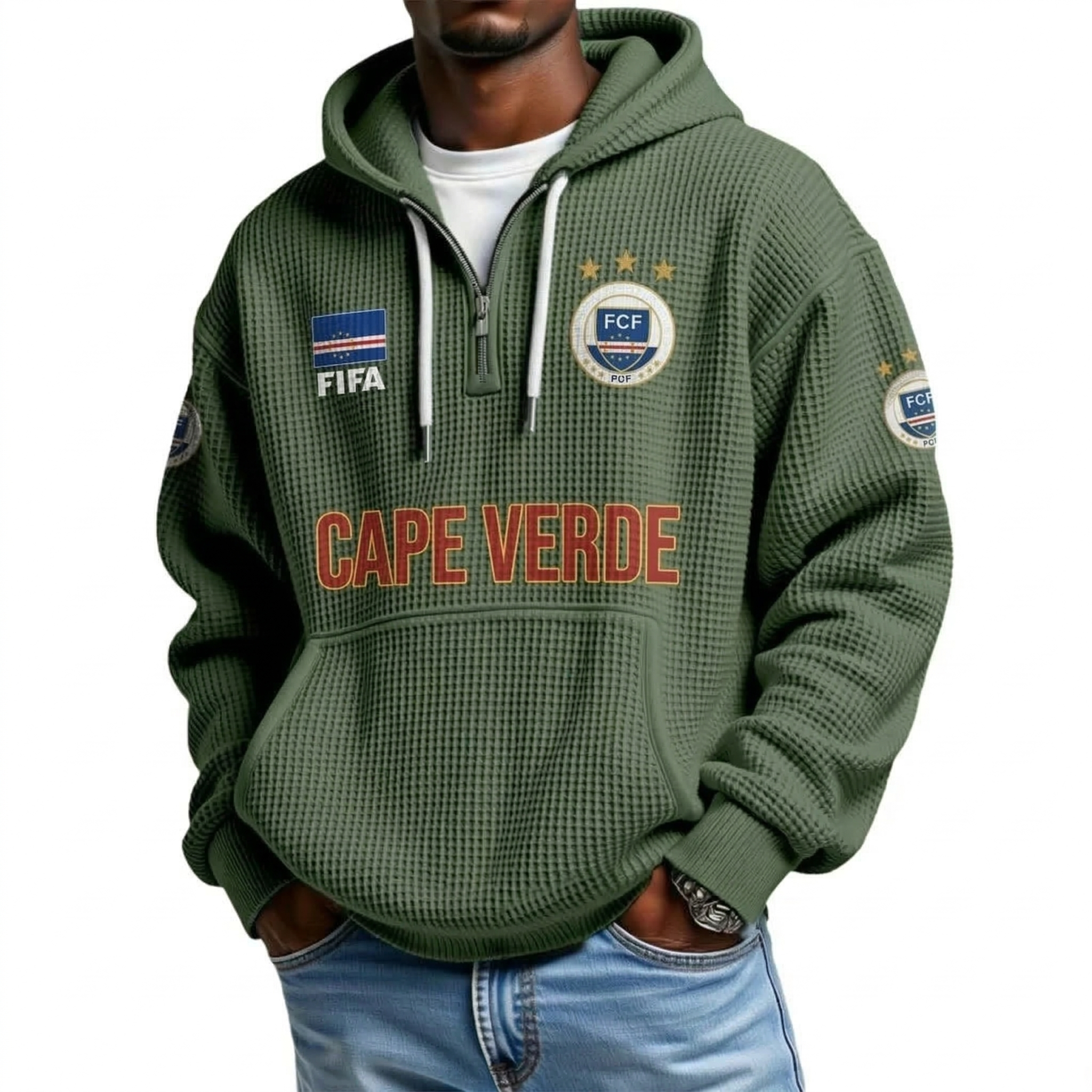 FIFA 2026 Cape Verde Printed Waffle Quarter Zip Football Fan Hoodie