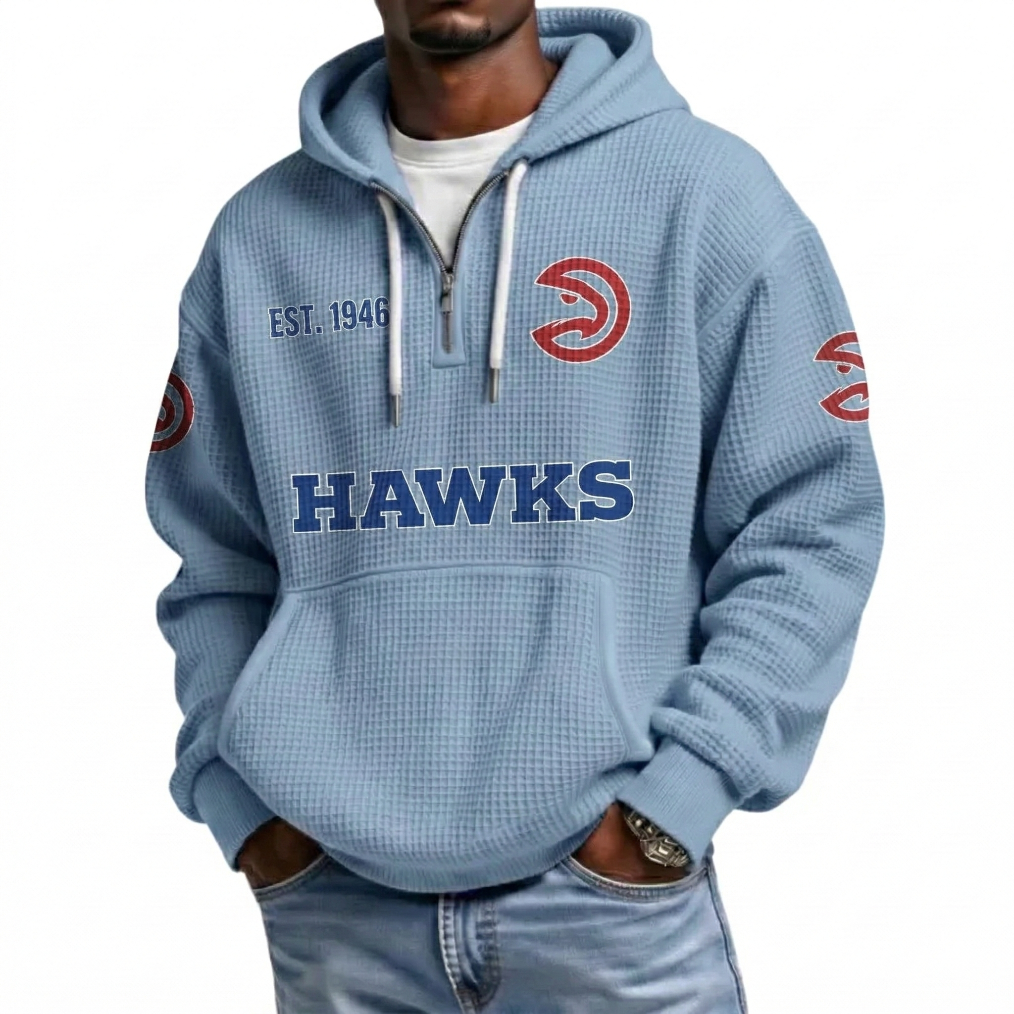 Atlanta Hawks EST 1946 Printed Waffle Quarter Zip Basketball Fan Hoodie