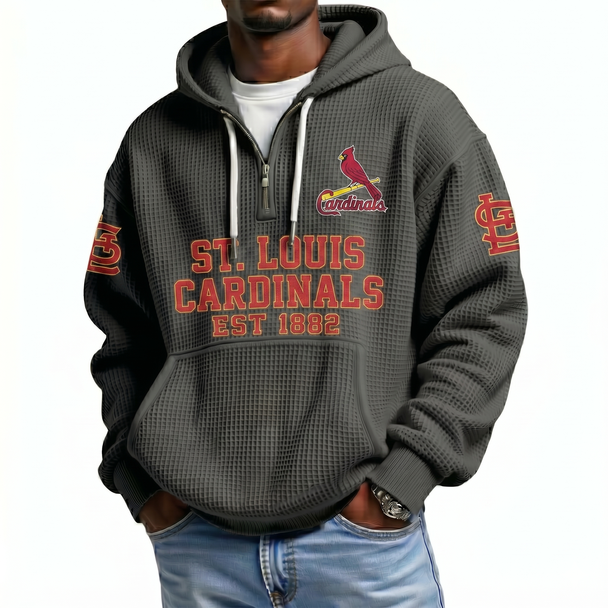 St. Louis Cardinals EST 1882 Printed Waffle Quarter Zip Baseball Fan Hoodie