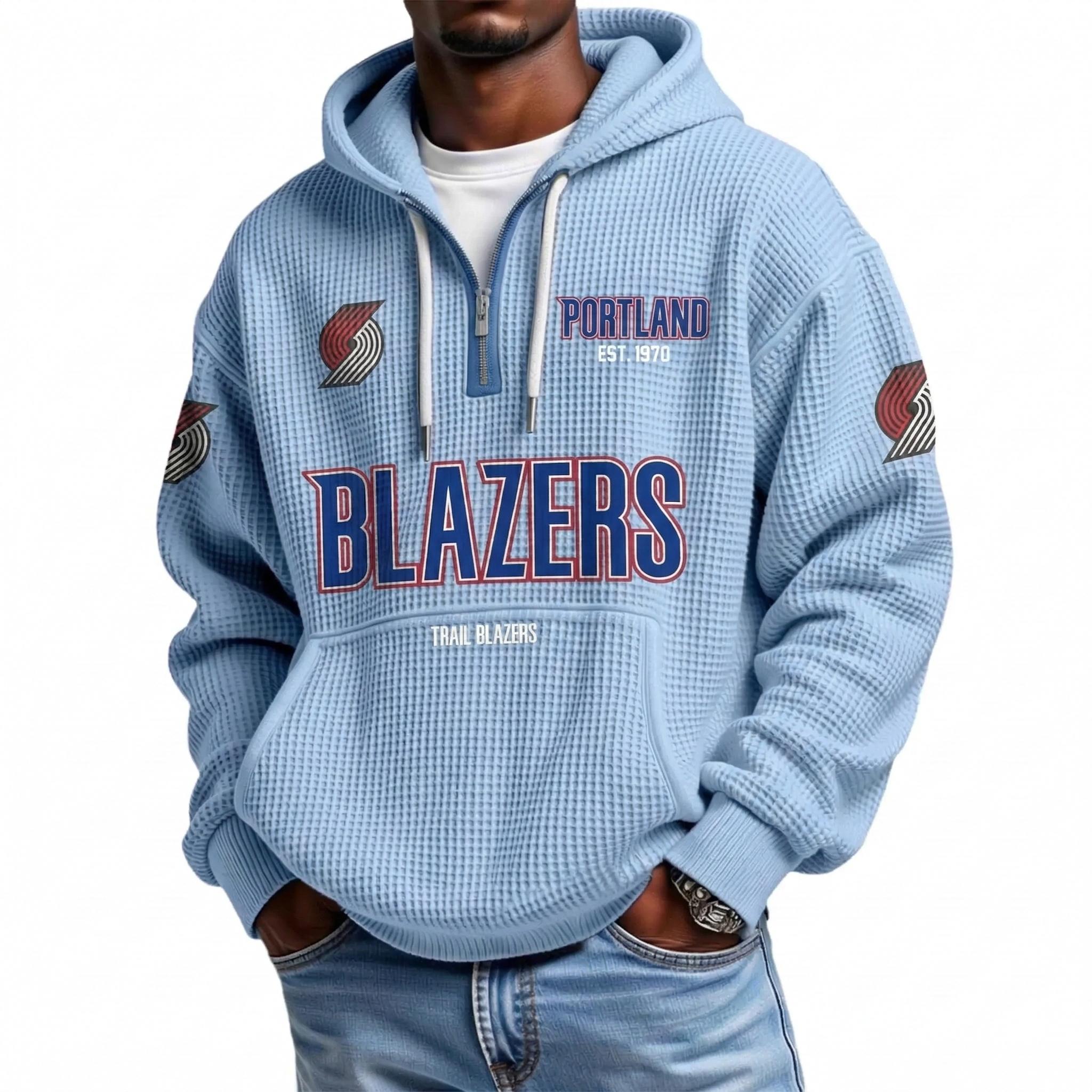 Portland Trail Blazers EST 1970 Printed Waffle Quarter Zip Basketball Fan Hoodie