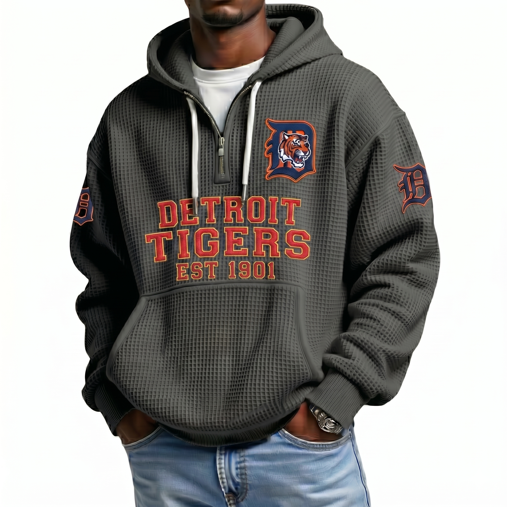 Detroit Tigers EST 1901 Printed Waffle Quarter Zip Baseball Fan Hoodie