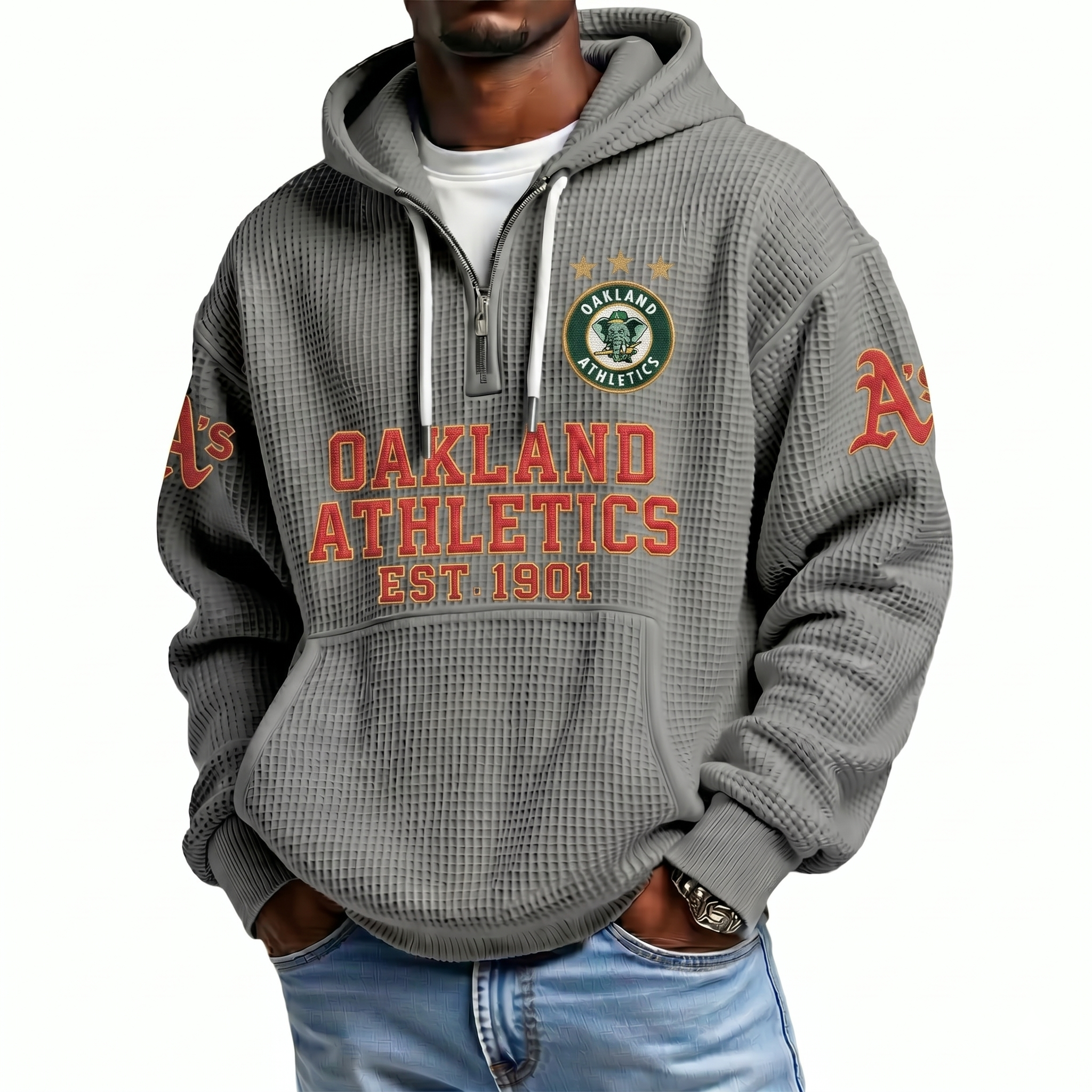 Oakland Athletics EST 1901 Printed Waffle Quarter Zip Baseball Fan Hoodie