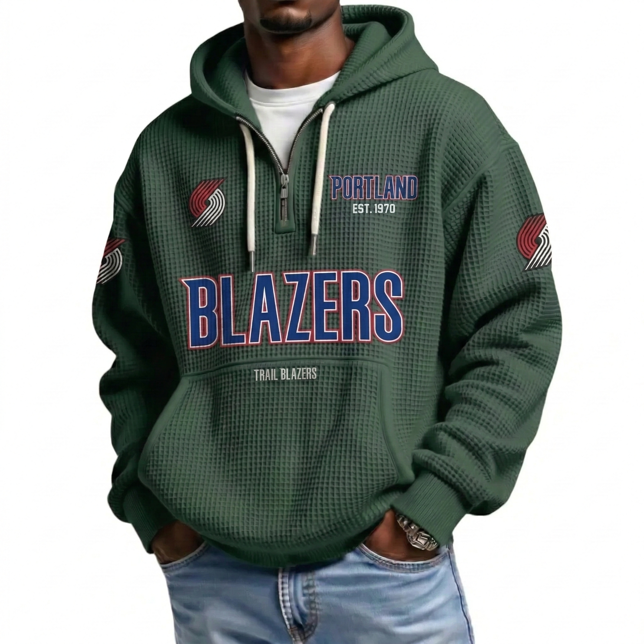 Portland Trail Blazers EST 1970 Printed Waffle Quarter Zip Basketball Fan Hoodie