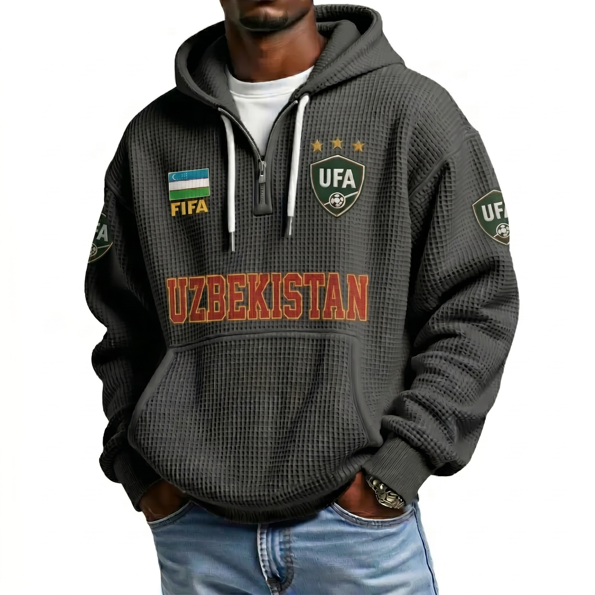 FIFA 2026 Uzbekistan Printed Waffle Quarter Zip Football Fan Hoodie