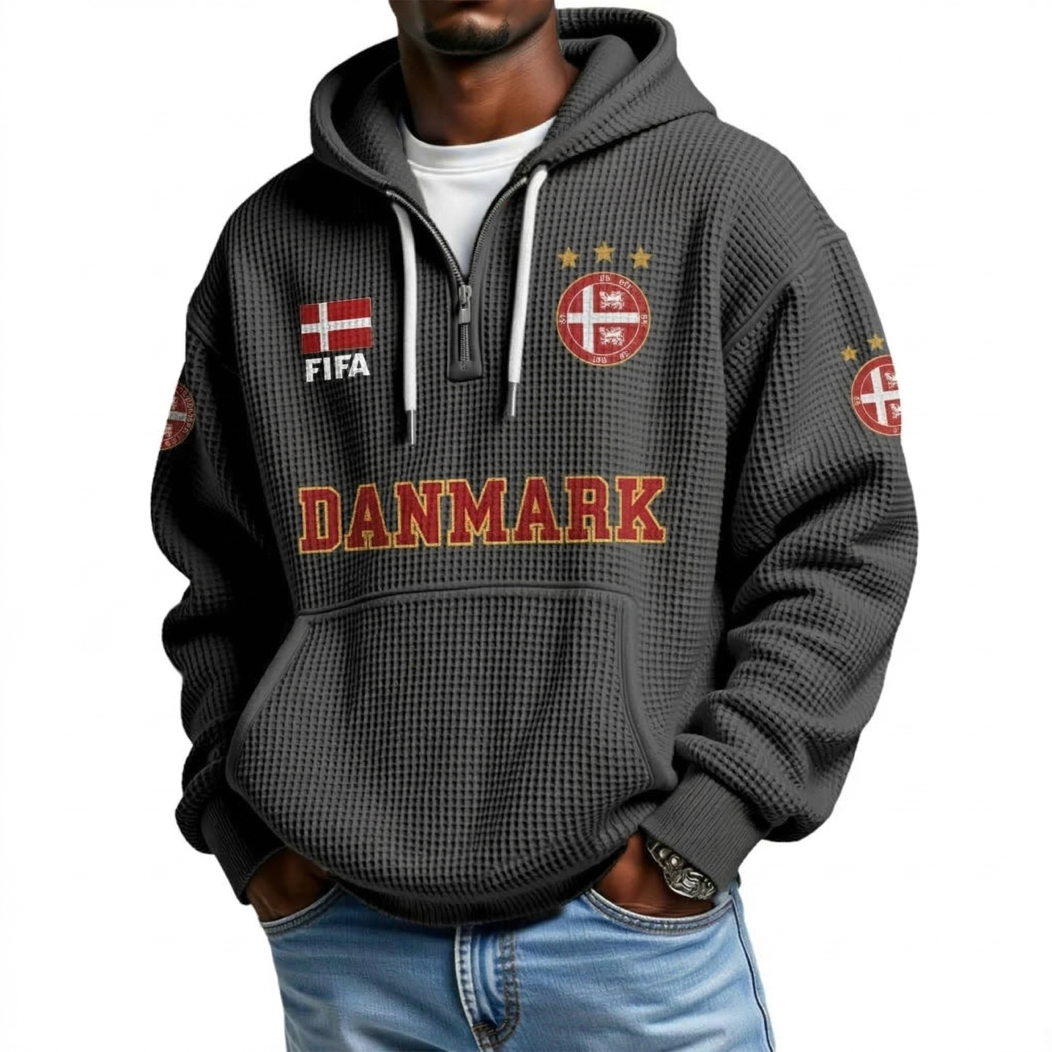FIFA 2026 Denmark Printed Waffle Quarter Zip Football Fan Hoodie