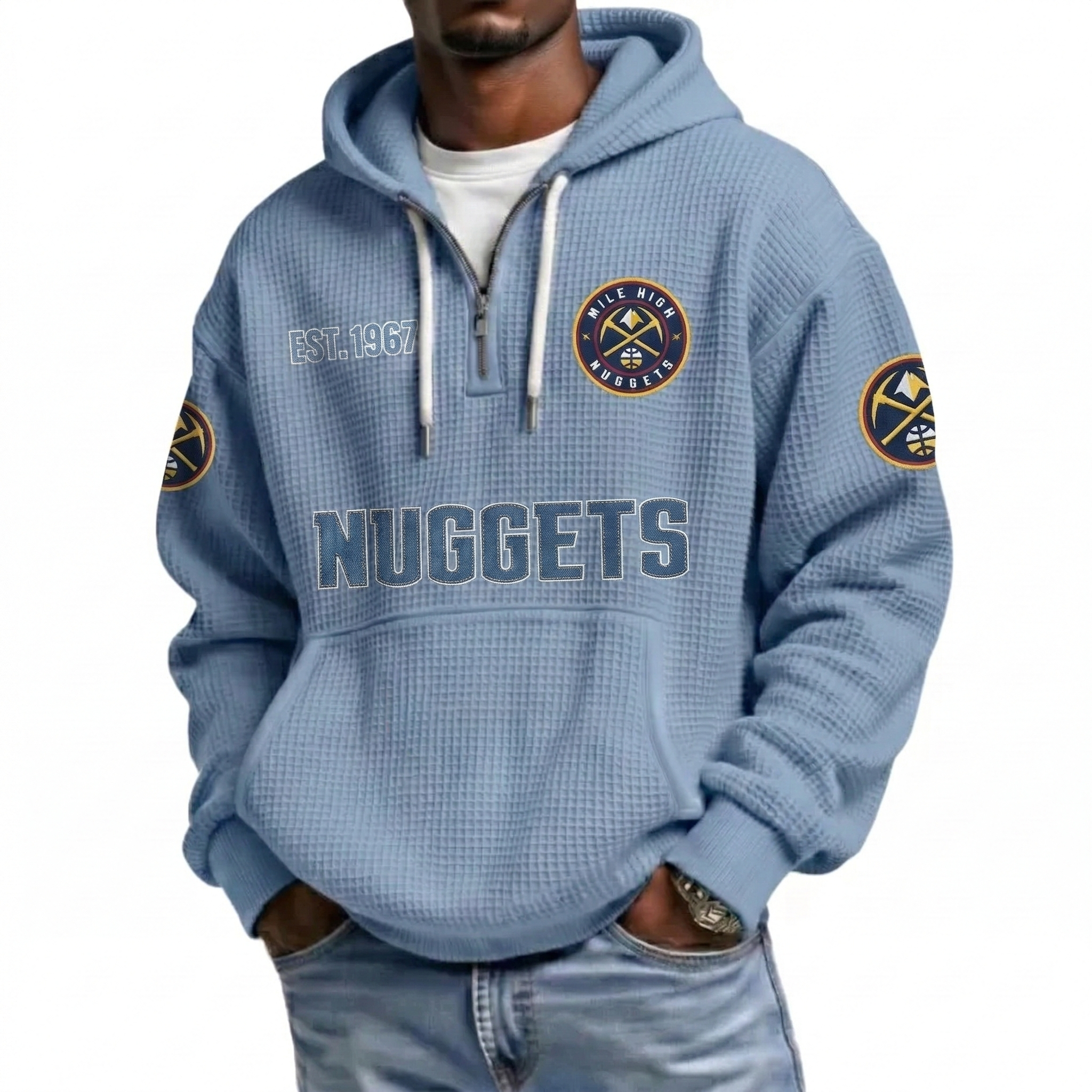 Denver Nuggets EST 1967 Printed Waffle Quarter Zip Basketball Fan Hoodie